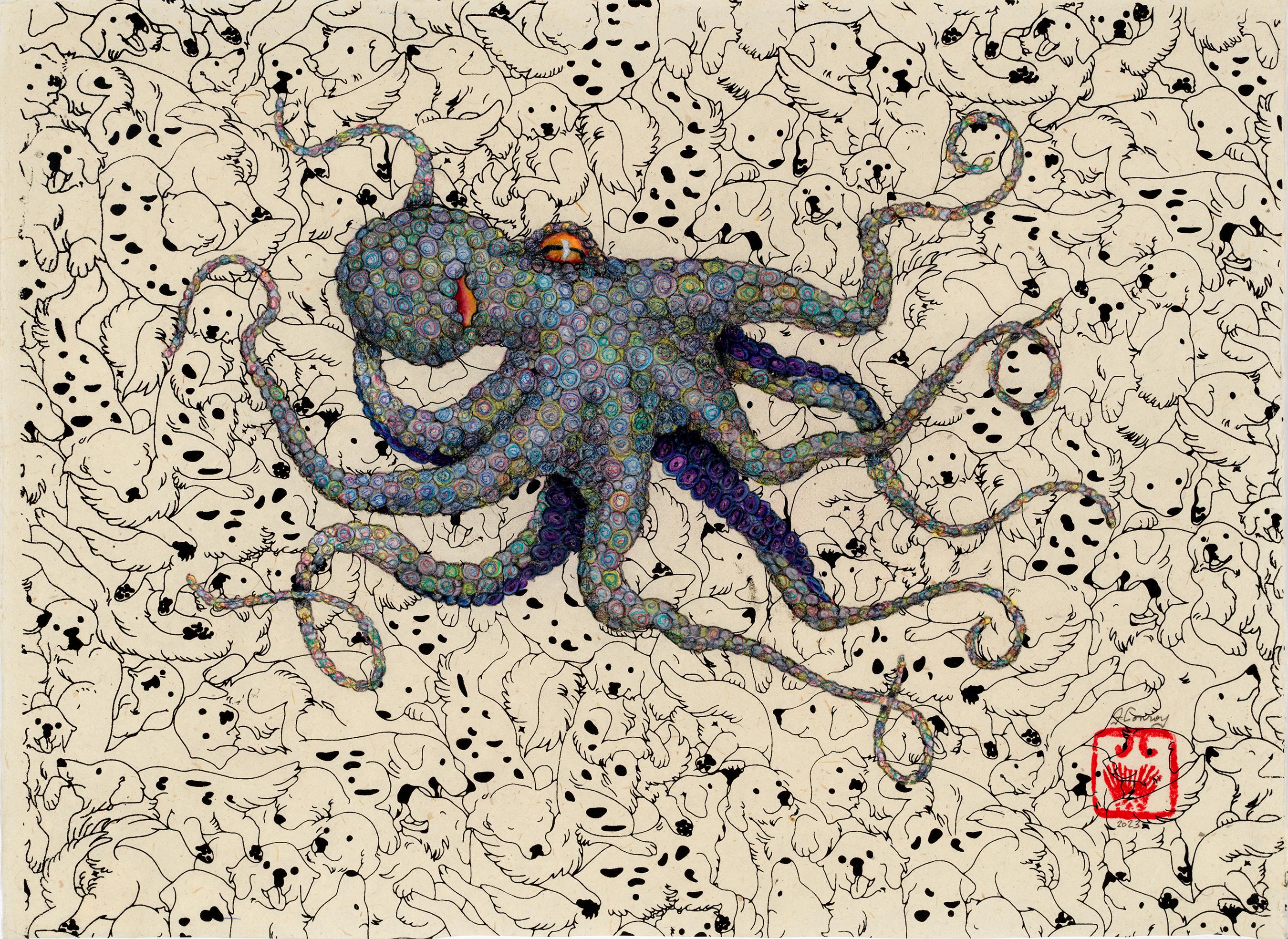 Jeff Conroy Animal Painting – Puppypus – Pastell – Sumi-Tintegemälde eines Octopus im Gyotaku-Stil