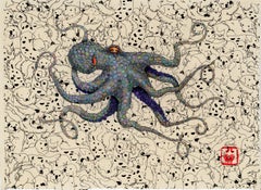 Puppypus – Pastell – Sumi-Tintegemälde eines Octopus im Gyotaku-Stil