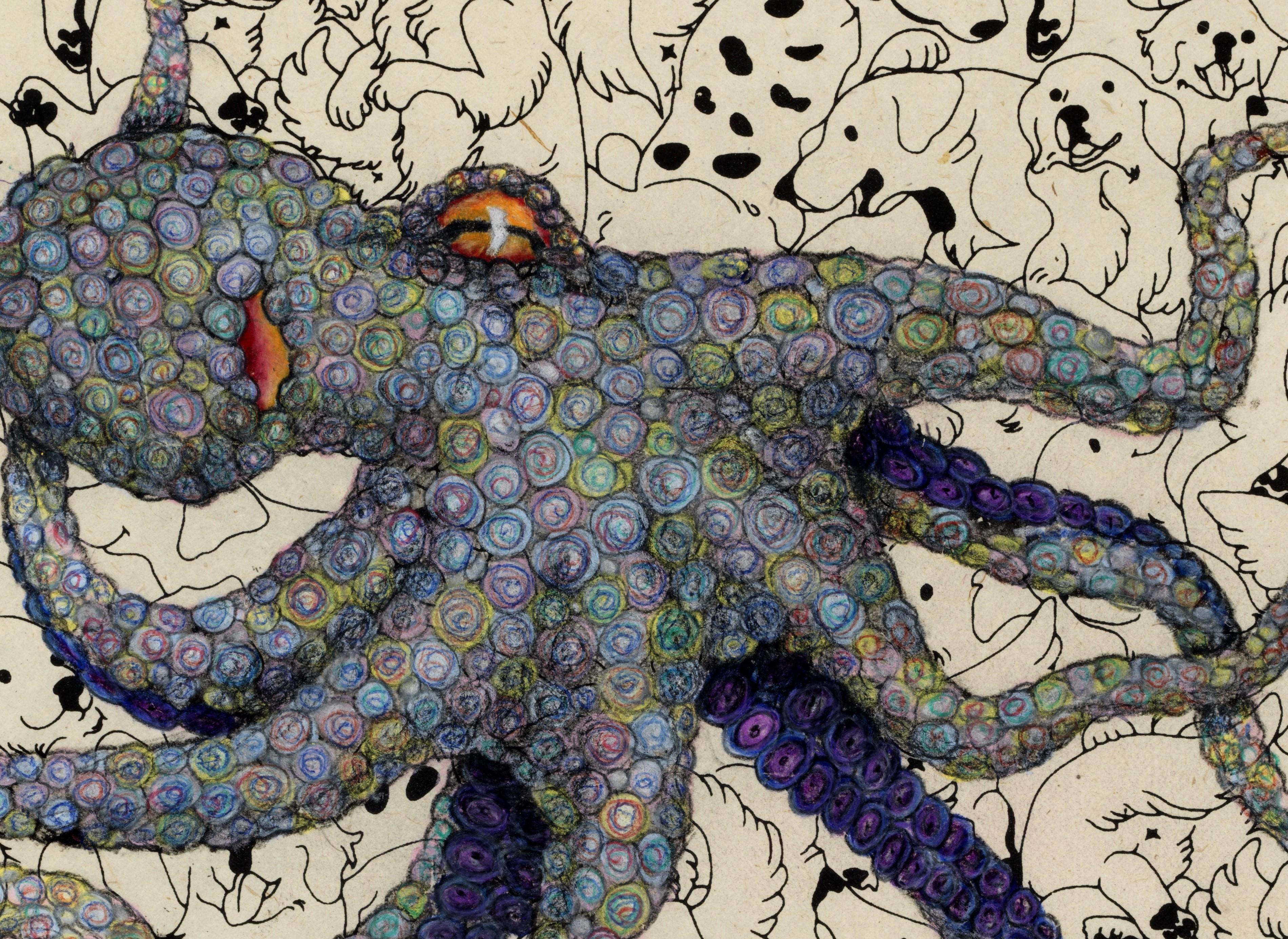 Puppypus – Pastell – Sumi-Tintegemälde eines Octopus im Gyotaku-Stil (Zeitgenössisch), Painting, von Jeff Conroy