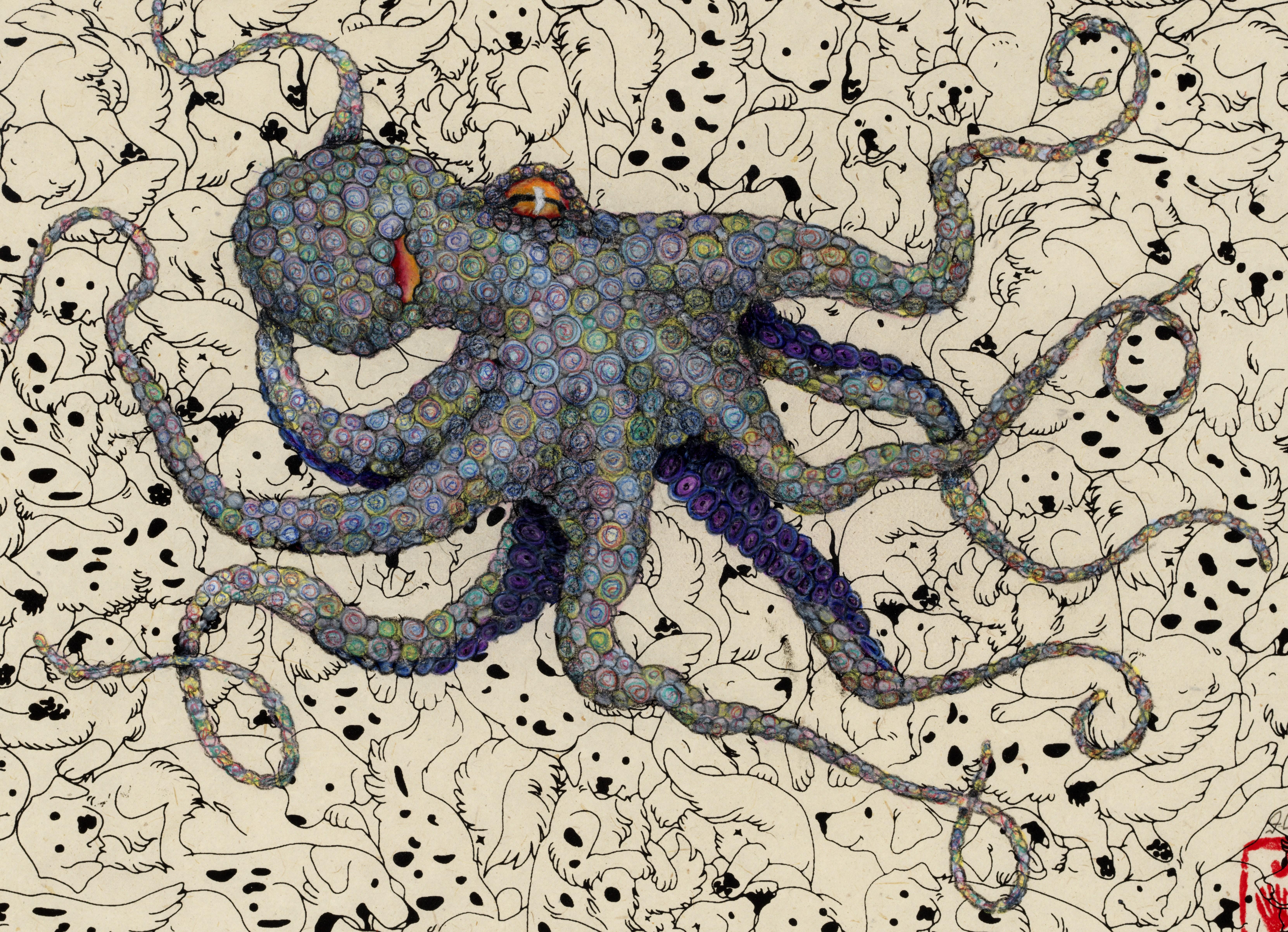 Puppypus – Pastell – Sumi-Tintegemälde eines Octopus im Gyotaku-Stil – Painting von Jeff Conroy