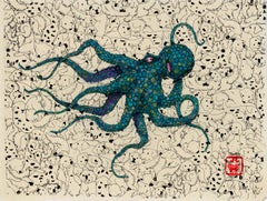Puppypus - Minty Swirl - Gyotaku Style Sumi Ink Painting of an Octopus