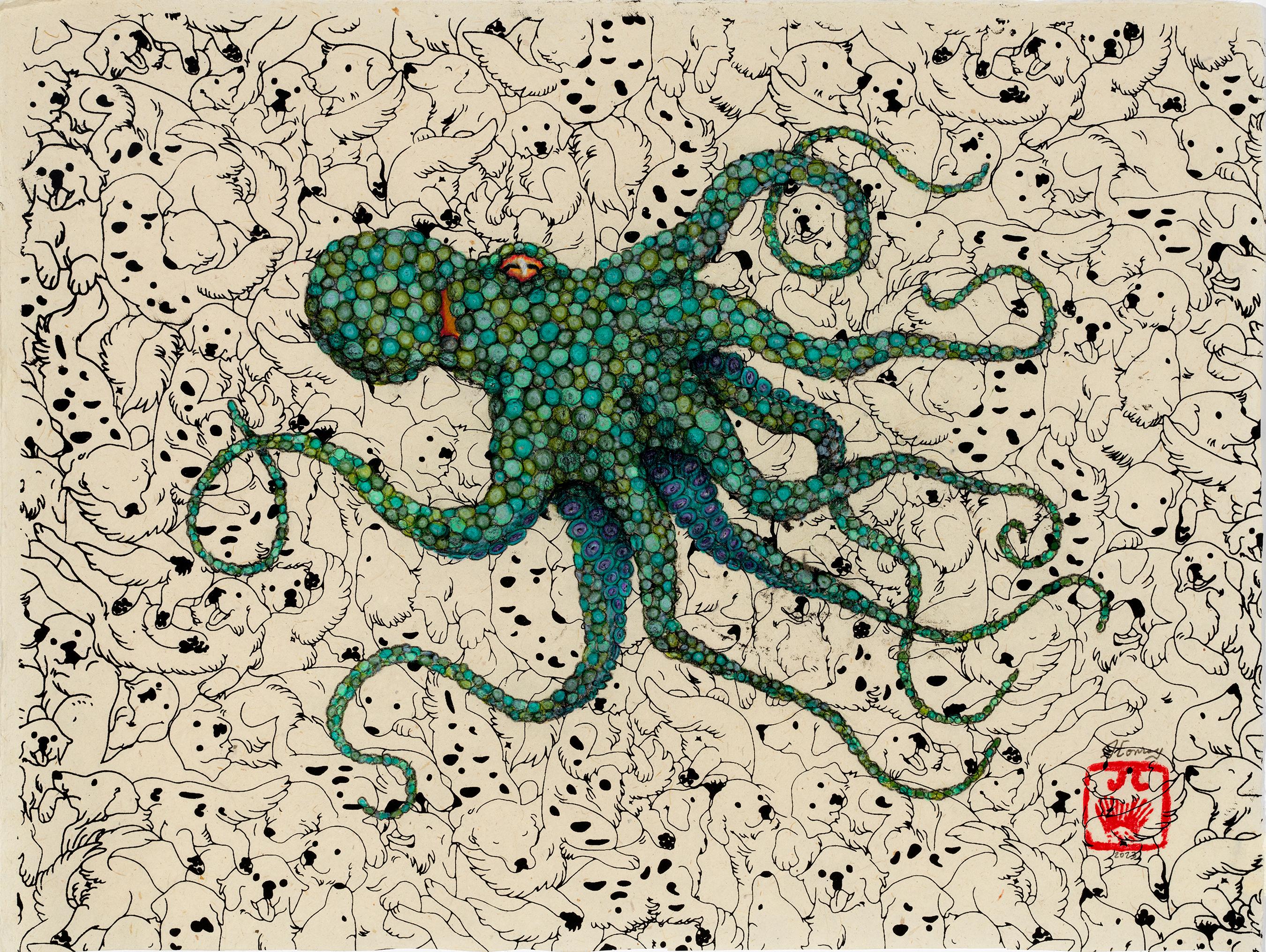 Puppypus – Cilantro – Sumi-Tintegemälde eines Octopus im Gyotaku-Stil