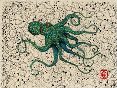 Puppypus - Cilantro - Gyotaku Style Sumi Ink Painting of an Octopus