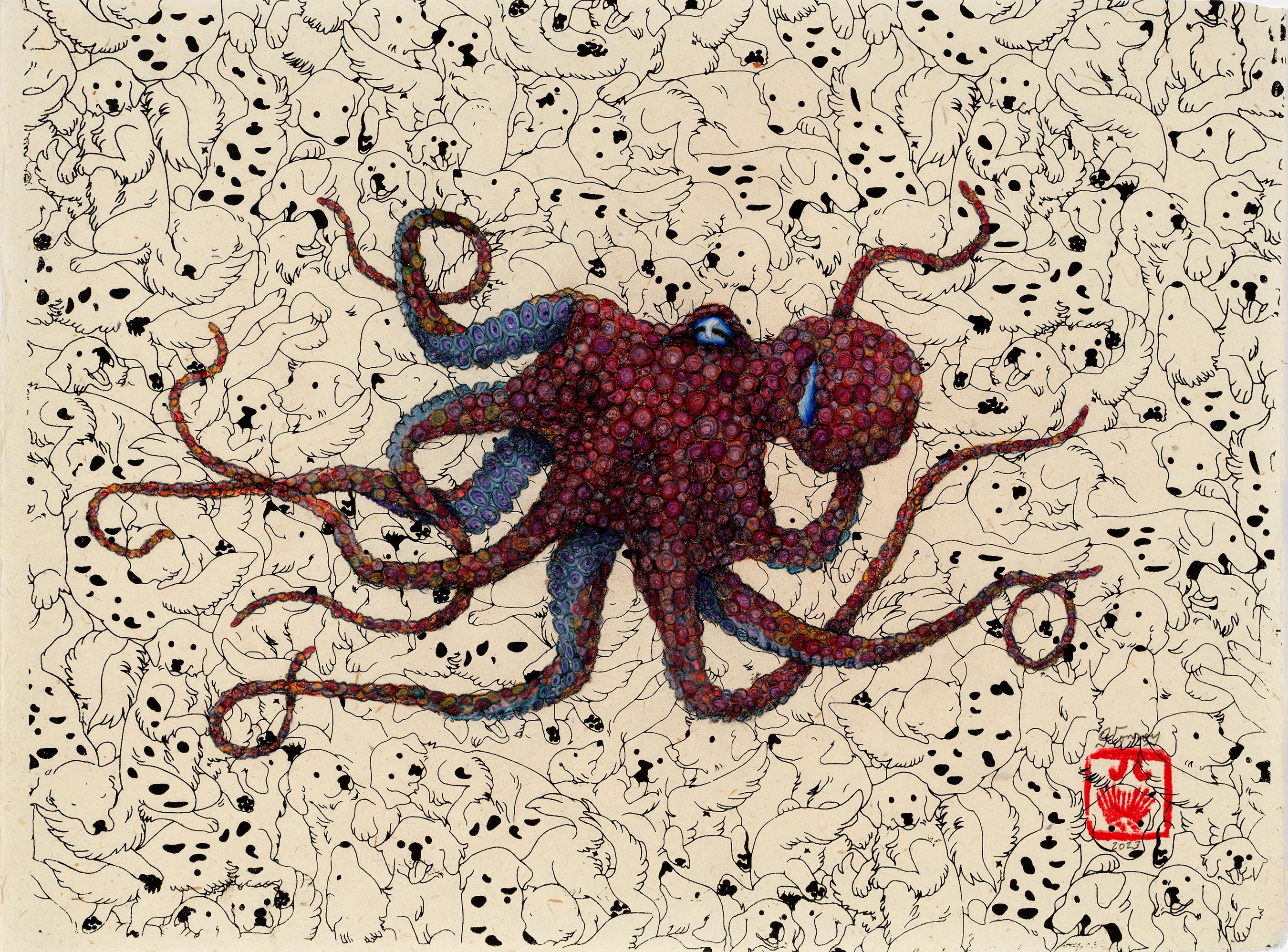 Jeff Conroy Animal Art – Puppypus – Tobasco – Sumi-Tintegemälde eines Octopus im Gyotaku-Stil