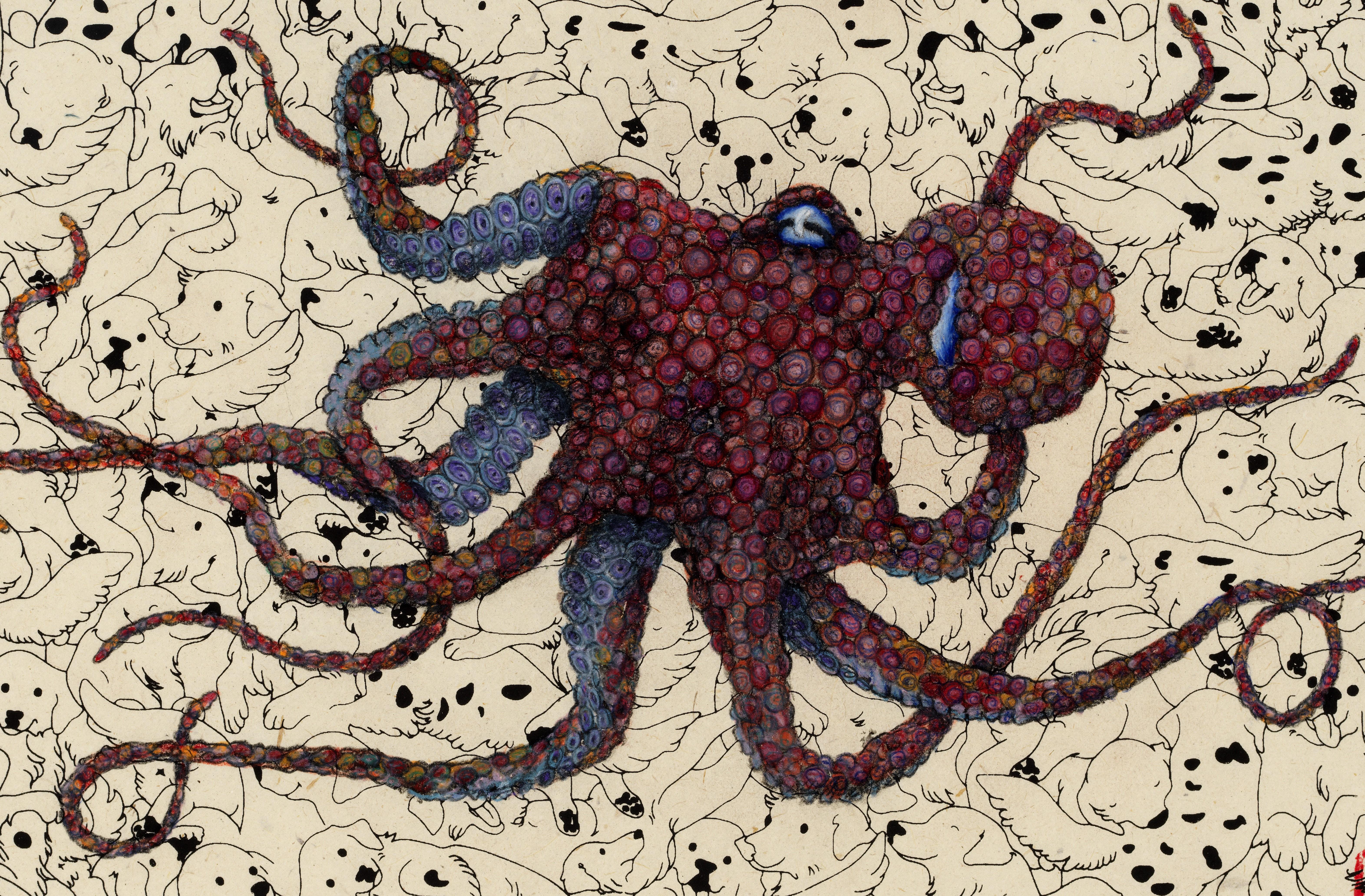 Puppypus – Tobasco – Sumi-Tintegemälde eines Octopus im Gyotaku-Stil – Art von Jeff Conroy