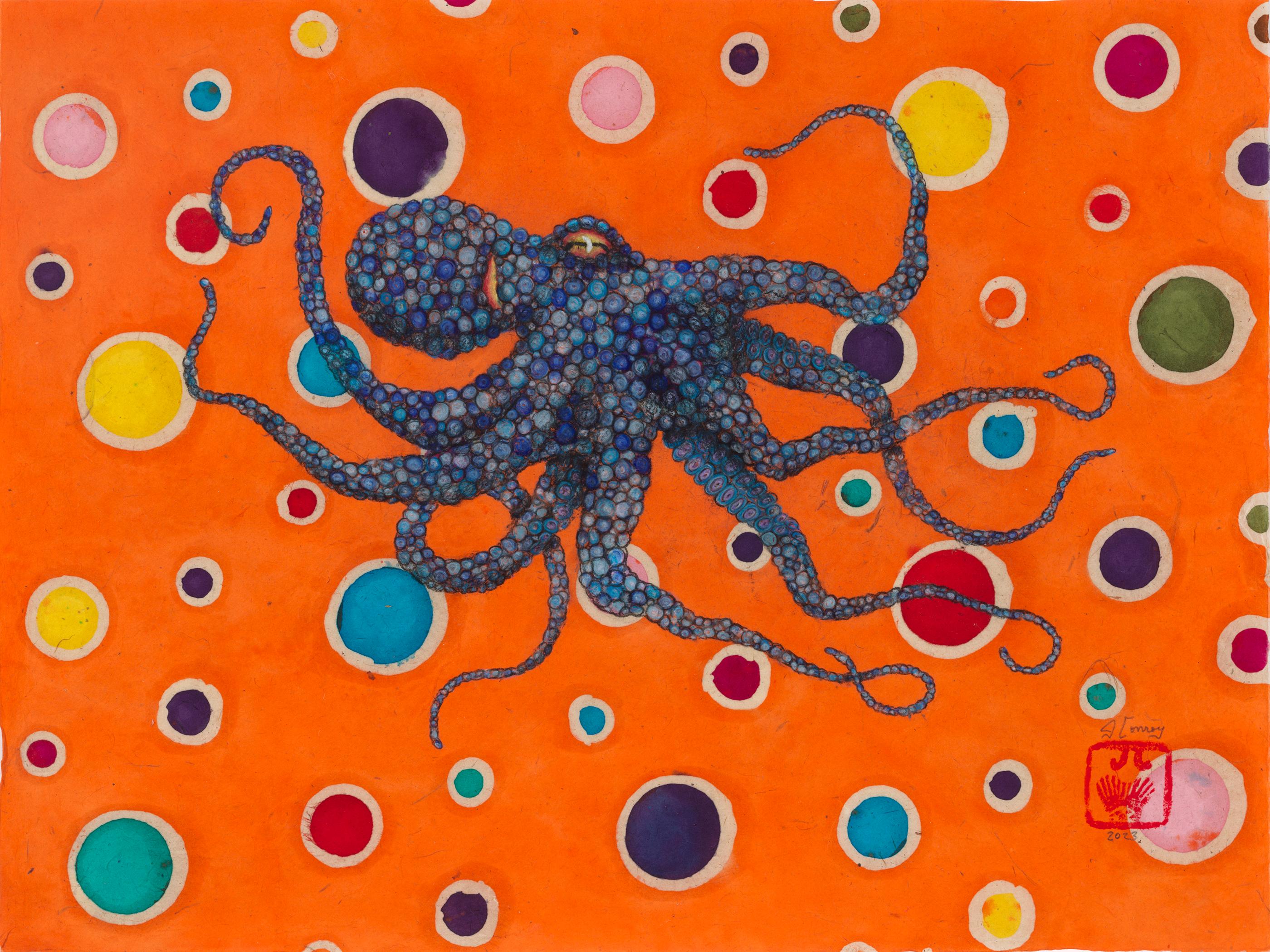 Jeff Conroy Animal Painting - Mr. Bubbles - Blue Agave - Gyotaku Style Sumi Ink Painting of an Octopus 