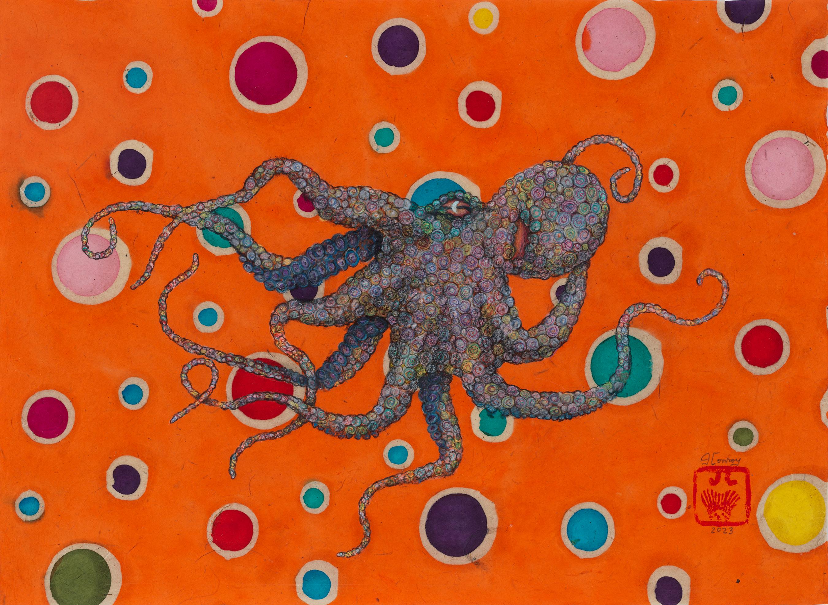 Jeff Conroy Animal Painting - Mr. Bubbles - Anarchy - Gyotaku Style Sumi Ink Painting of an Octopus 