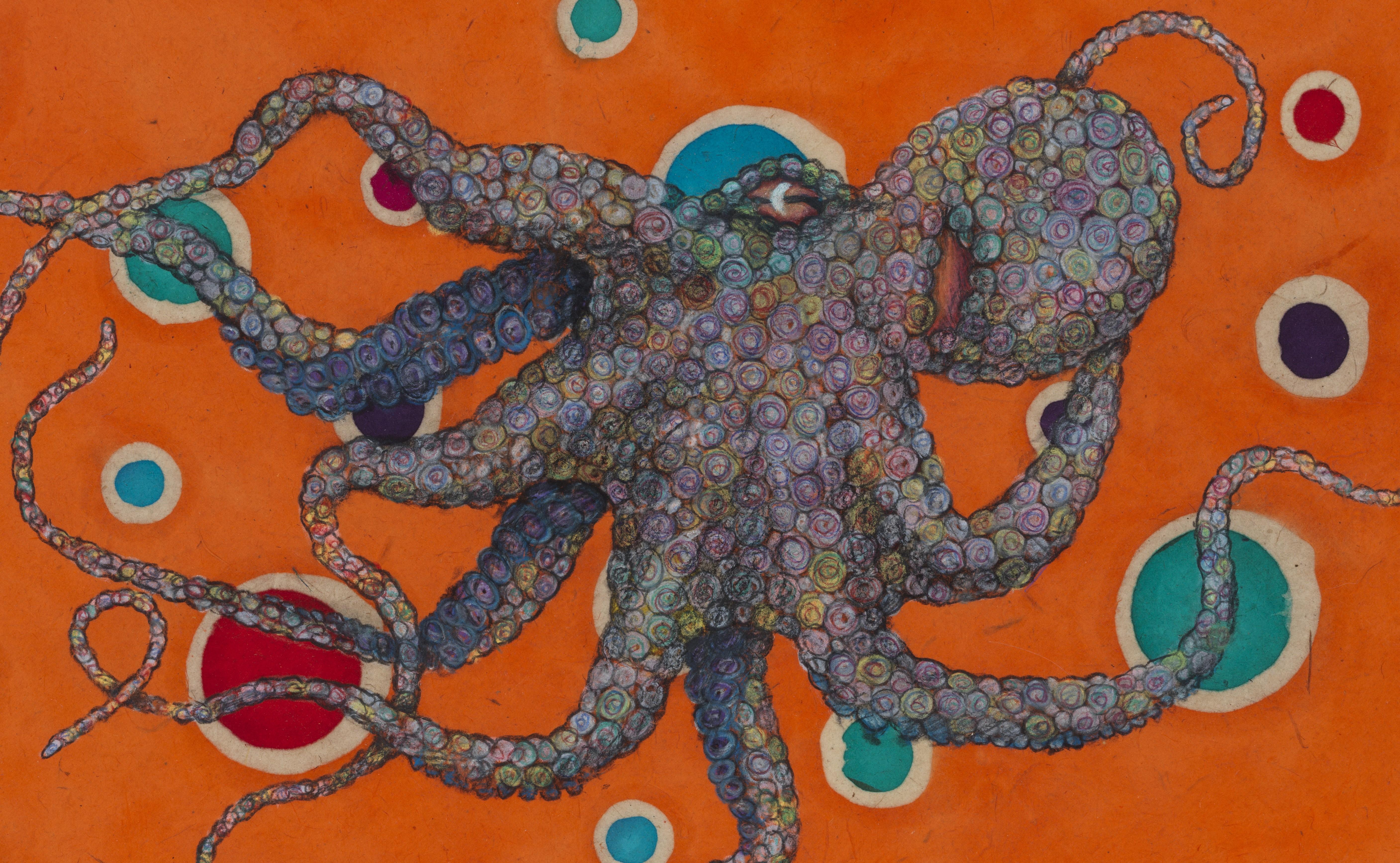 Mr. Bubbles - Anarchy - Sumi-Tintegemälde im Gyotaku-Stil eines Octopus  – Painting von Jeff Conroy