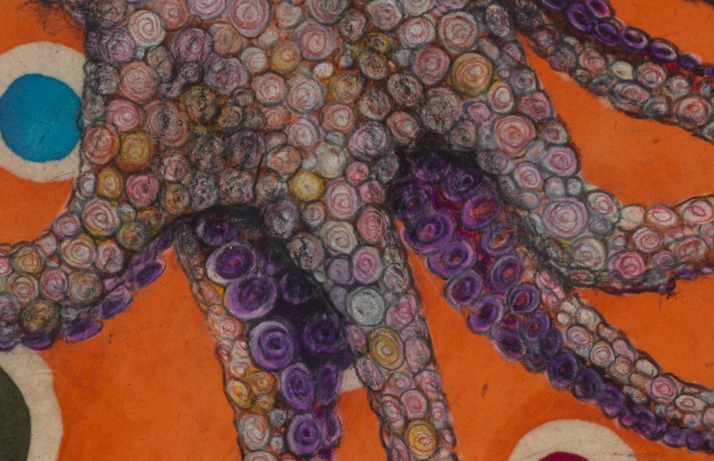 Mr. Bubbles - Plum Bob - Gyotaku Style Sumi Ink Painting of an Octopus  - Orange Animal Art by Jeff Conroy