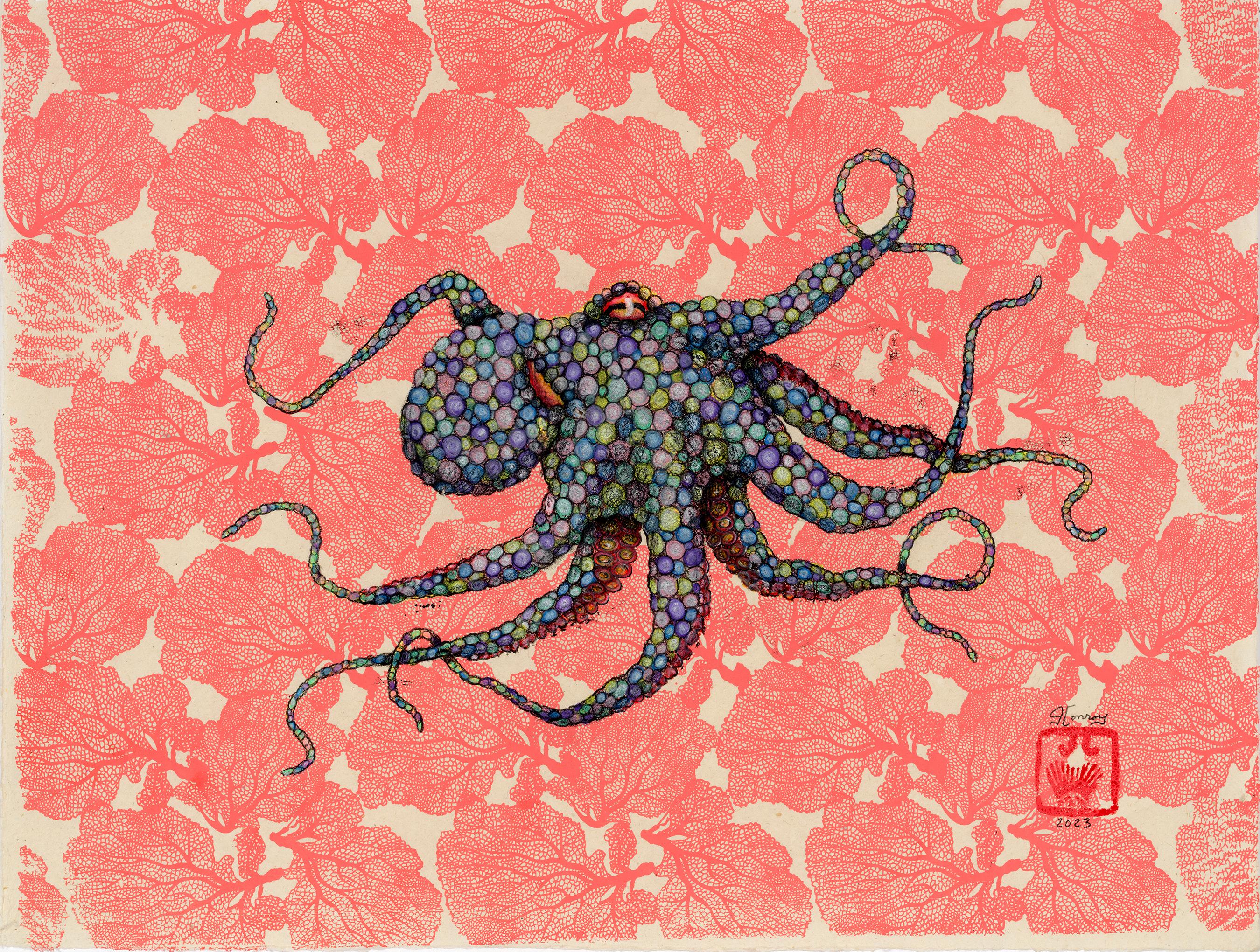 Meeresfächer – Carnivale – Sumi-Tintegemälde eines Octopus im Gyotaku-Stil