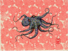 Éventail de mer - Carnivale - Peinture à l'encre Sumi de style Gyotaku représentant un octope
