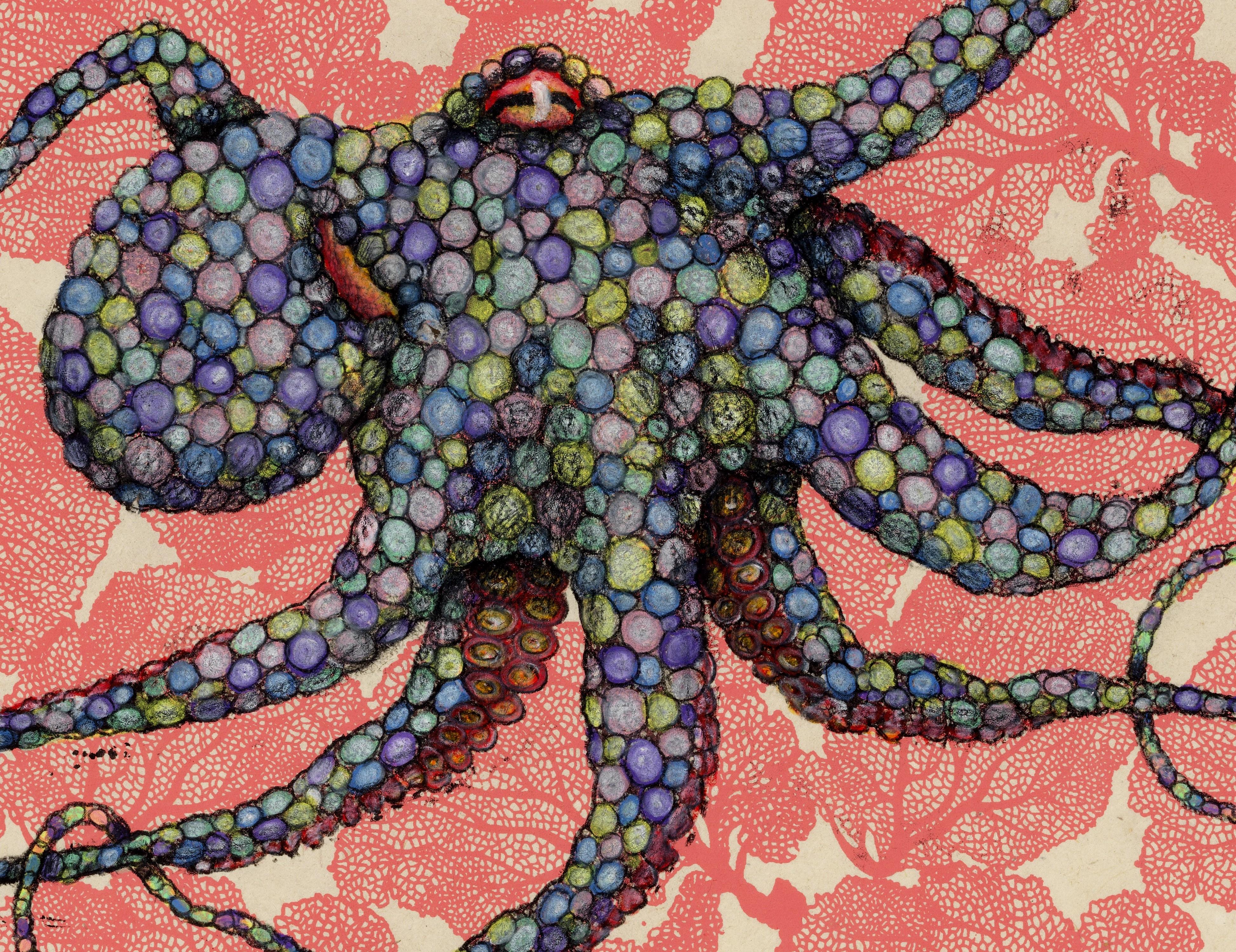 Éventail de mer - Carnivale - Peinture à l'encre Sumi de style Gyotaku représentant un octope - Contemporain Painting par Jeff Conroy