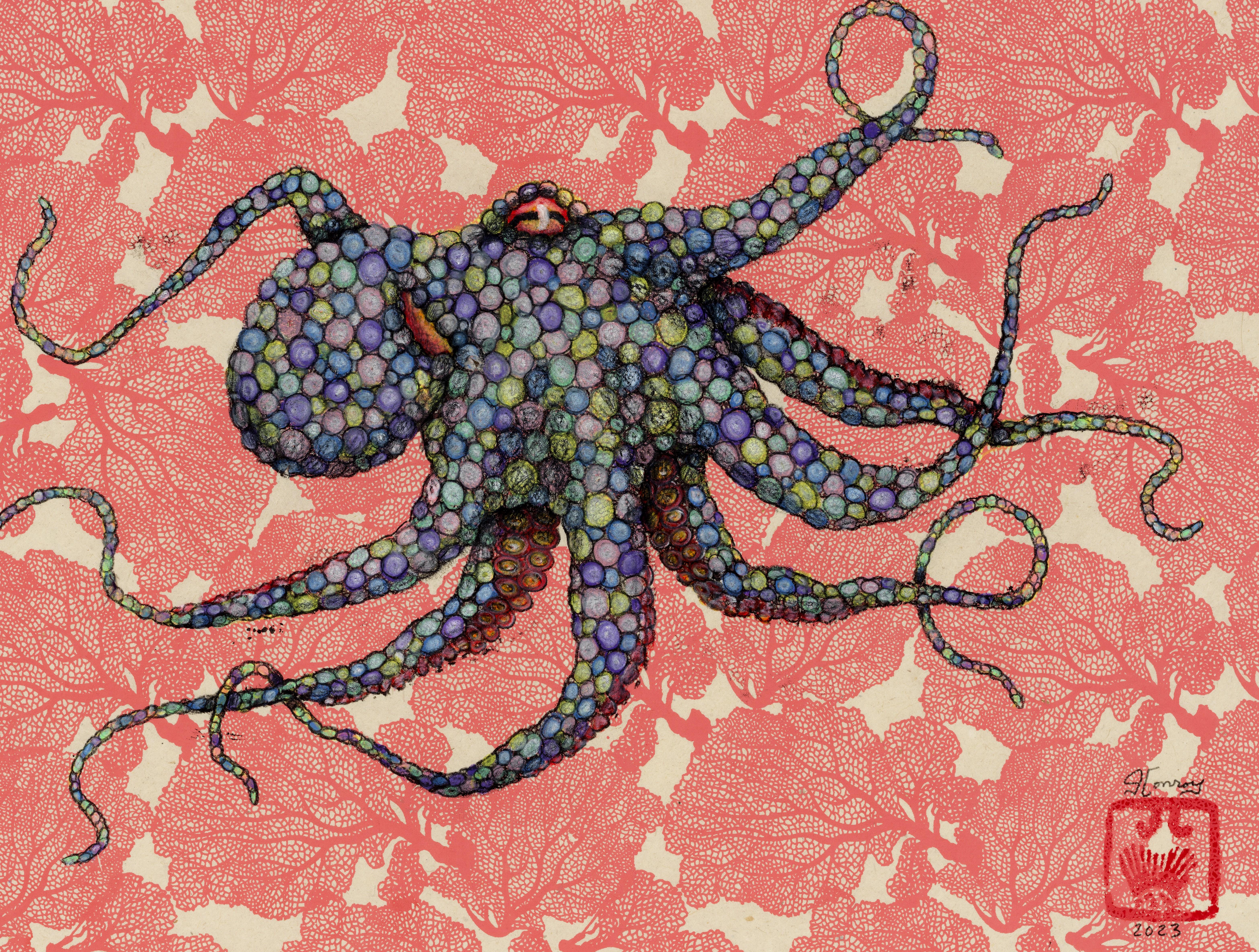 Éventail de mer - Carnivale - Peinture à l'encre Sumi de style Gyotaku représentant un octope - Painting de Jeff Conroy