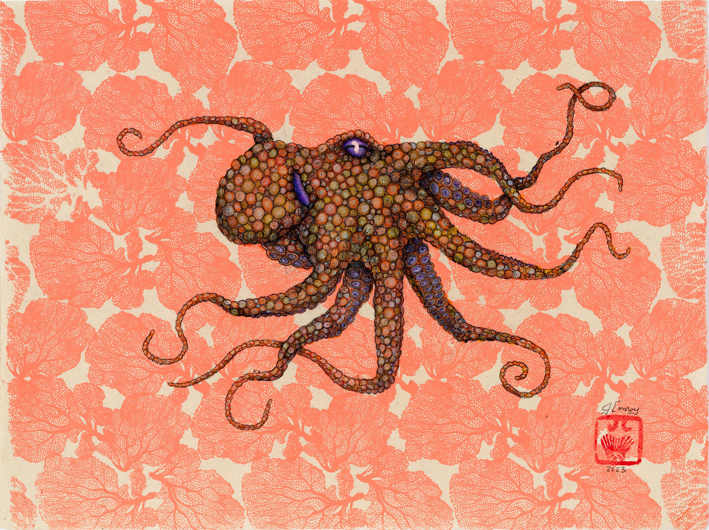 Meeresfächer – Blasenstein – Sumi-Tinte im Gyotaku-Stil, Sumi-Gemälde eines Octopus