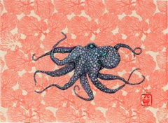 Éventail de mer - baies poussières - peinture à l'encre Sumi de style Gyotaku représentant un octope