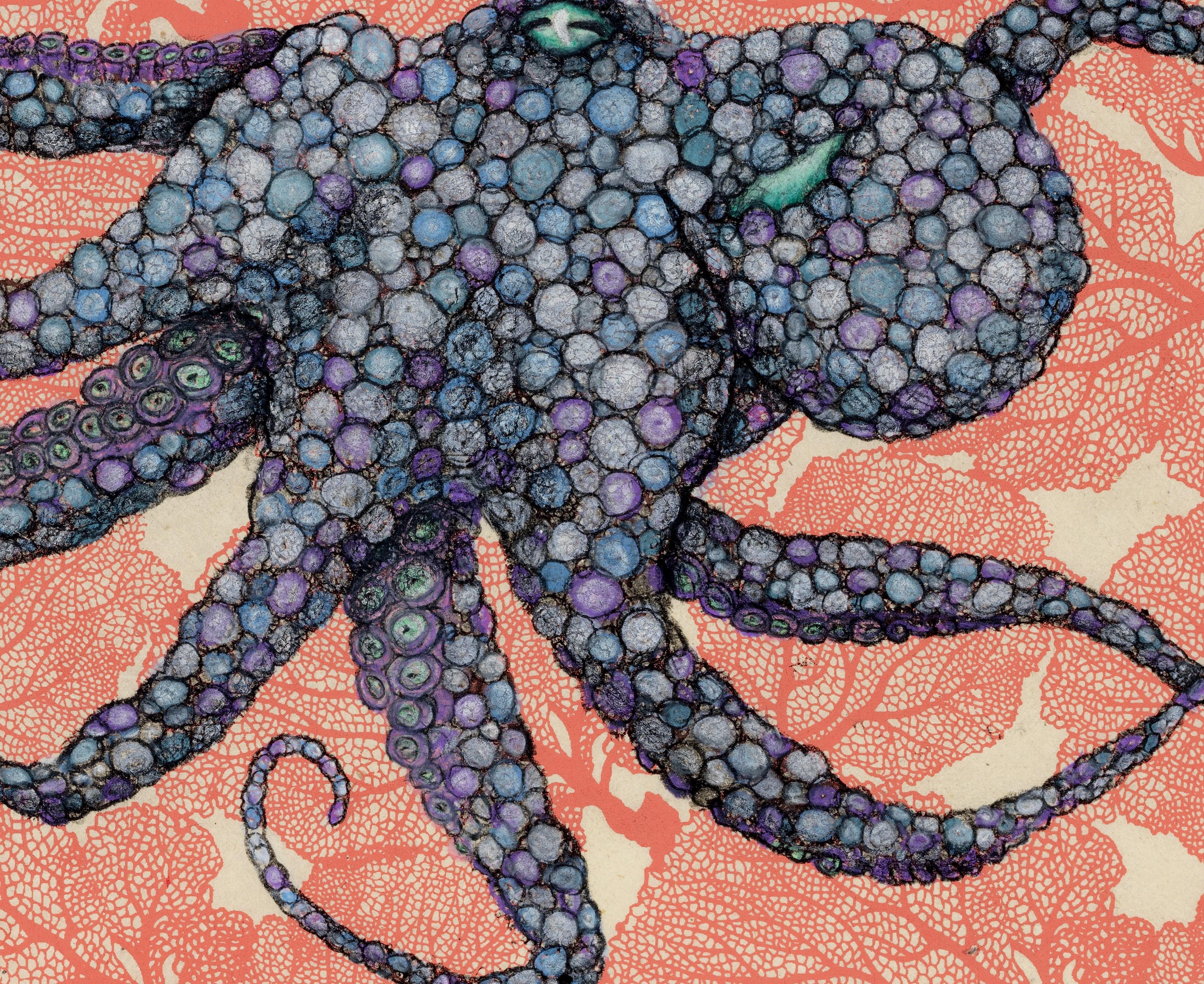 Éventail de mer - baies poussières - peinture à l'encre Sumi de style Gyotaku représentant un octope - Contemporain Painting par Jeff Conroy