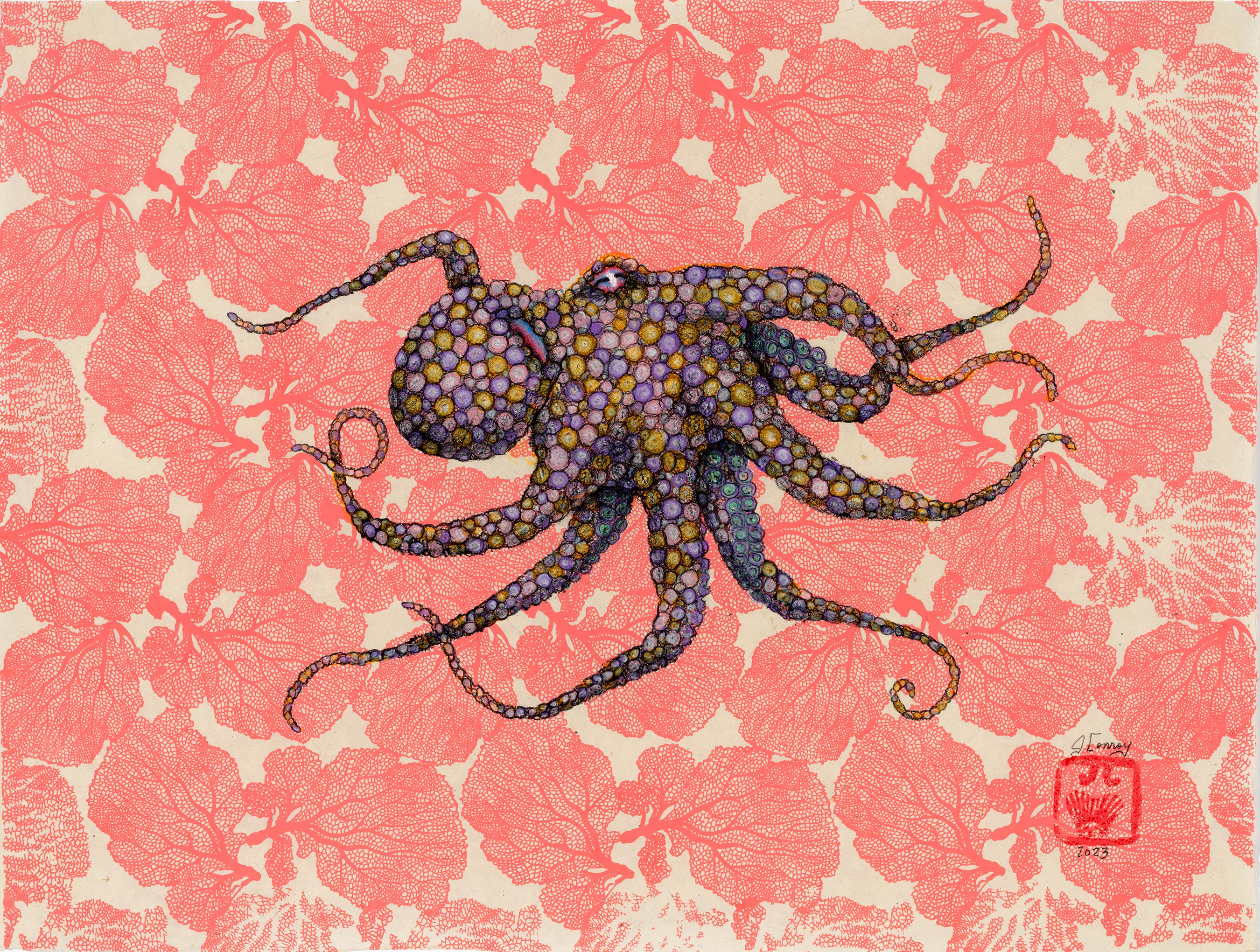 Jeff Conroy Animal Art - Sea Fan - Gumball - Gyotaku Style Sumi Ink Painting of an Octopus