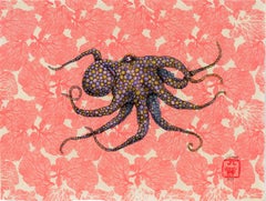 Éventail de mer - Gumball - Peinture à l'encre Sumi de style Gyotaku représentant un octope