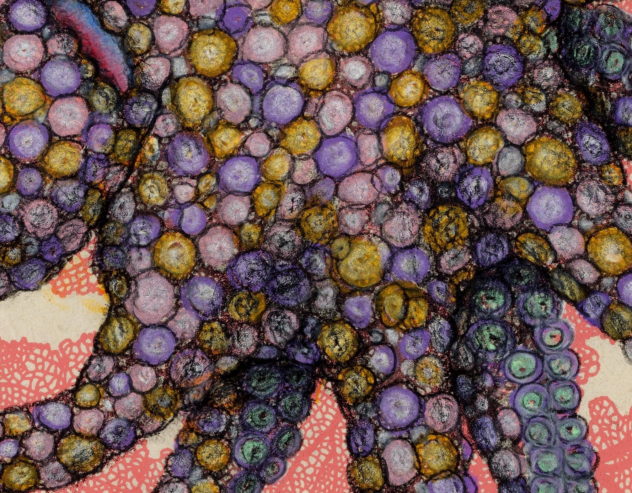 Meeresfächer – Gumball – Sumi-Tintegemälde im Gyotaku-Stil eines Octopus (Pink), Animal Art, von Jeff Conroy