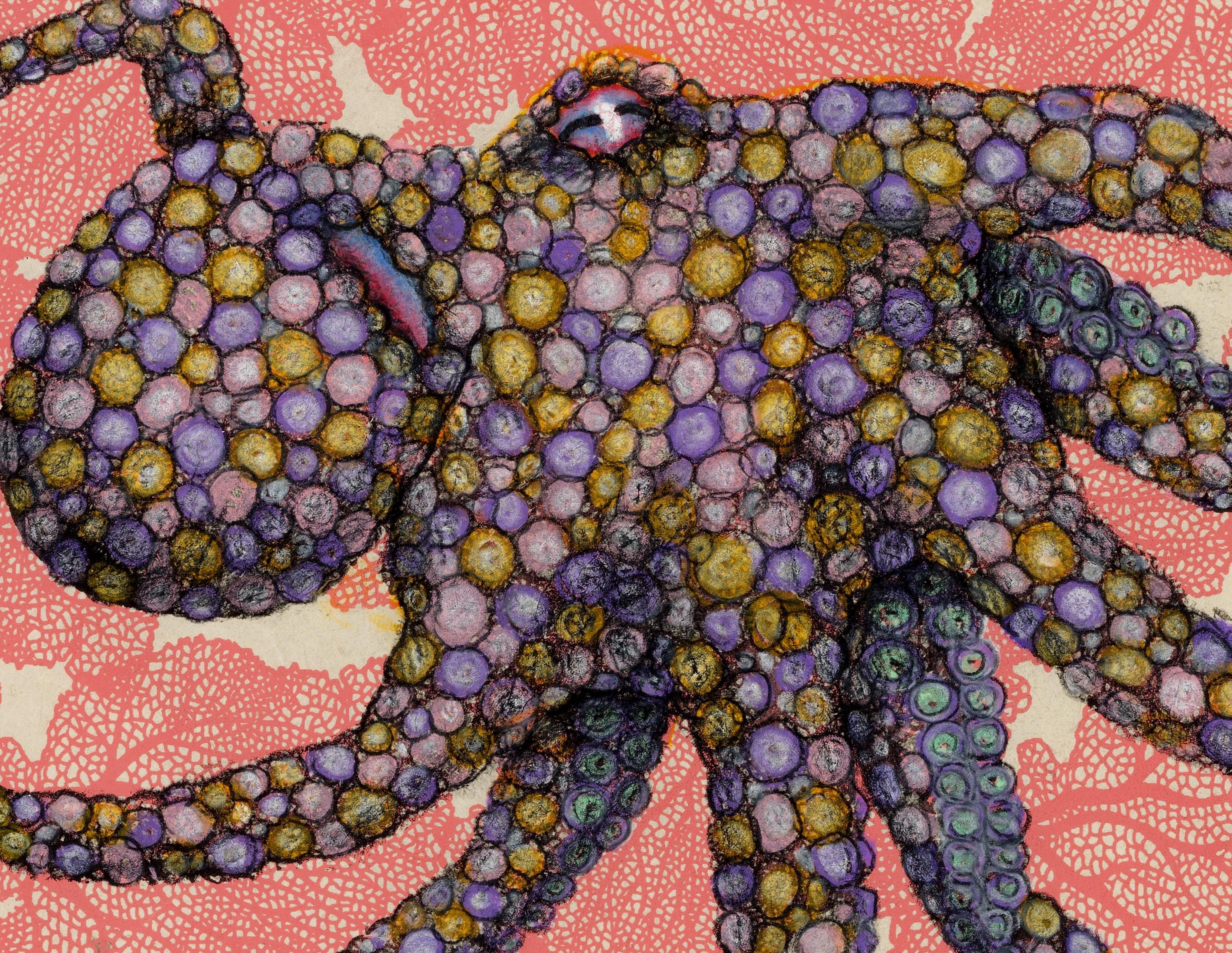 Meeresfächer – Gumball – Sumi-Tintegemälde im Gyotaku-Stil eines Octopus (Zeitgenössisch), Art, von Jeff Conroy