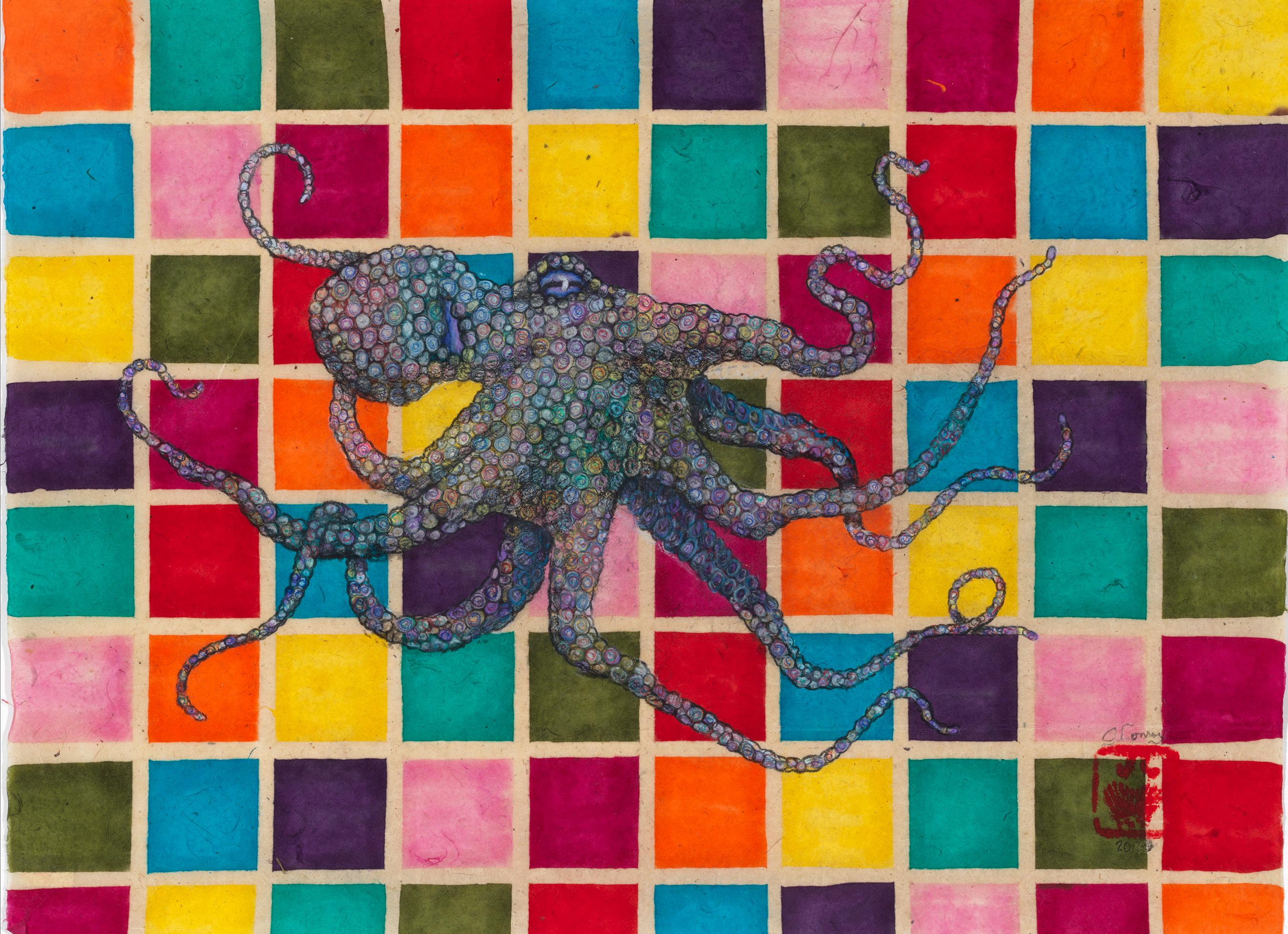 Jeff Conroy Animal Painting - Studio 54 - Code Blue - Gyotaku Style Sumi Ink Painting of an Octopus 