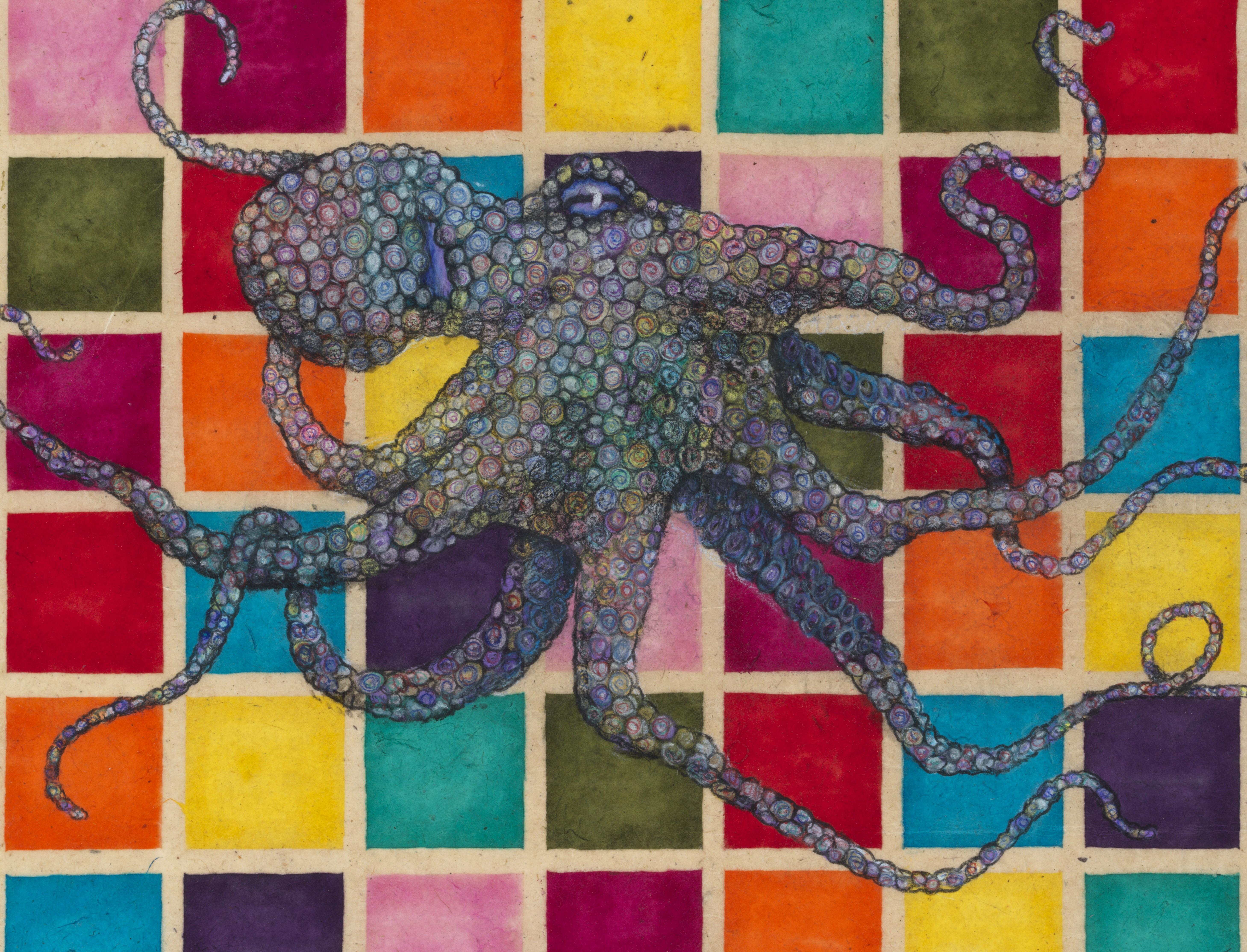 Studio 54 - Code Blue - Gyotaku Style Sumi Ink Painting of an Octopus  - Orange Animal Painting by Jeff Conroy
