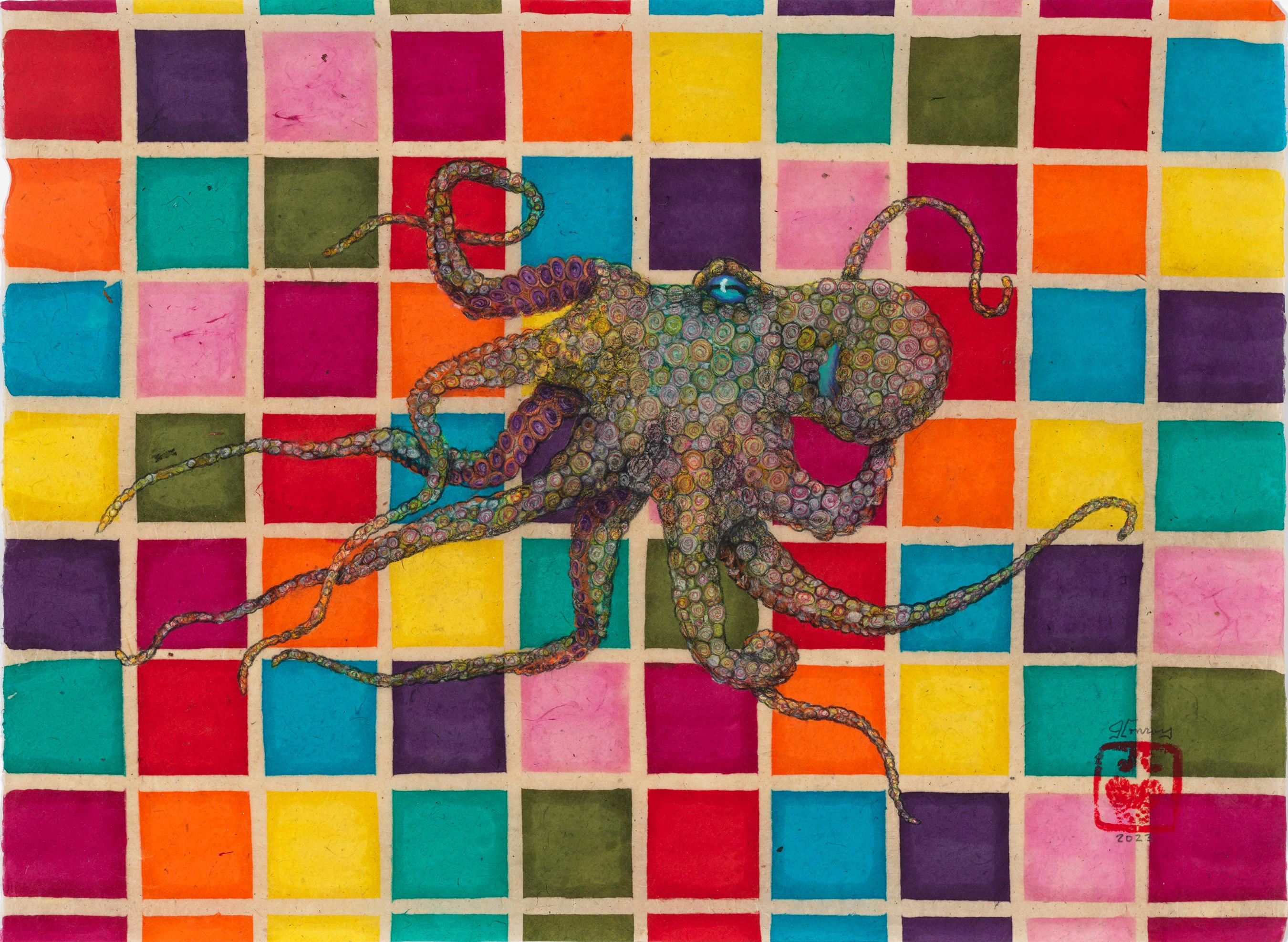 Jeff Conroy Animal Painting - Studio 54 - Bananarama - Gyotaku Style Sumi Ink Painting of an Octopus 