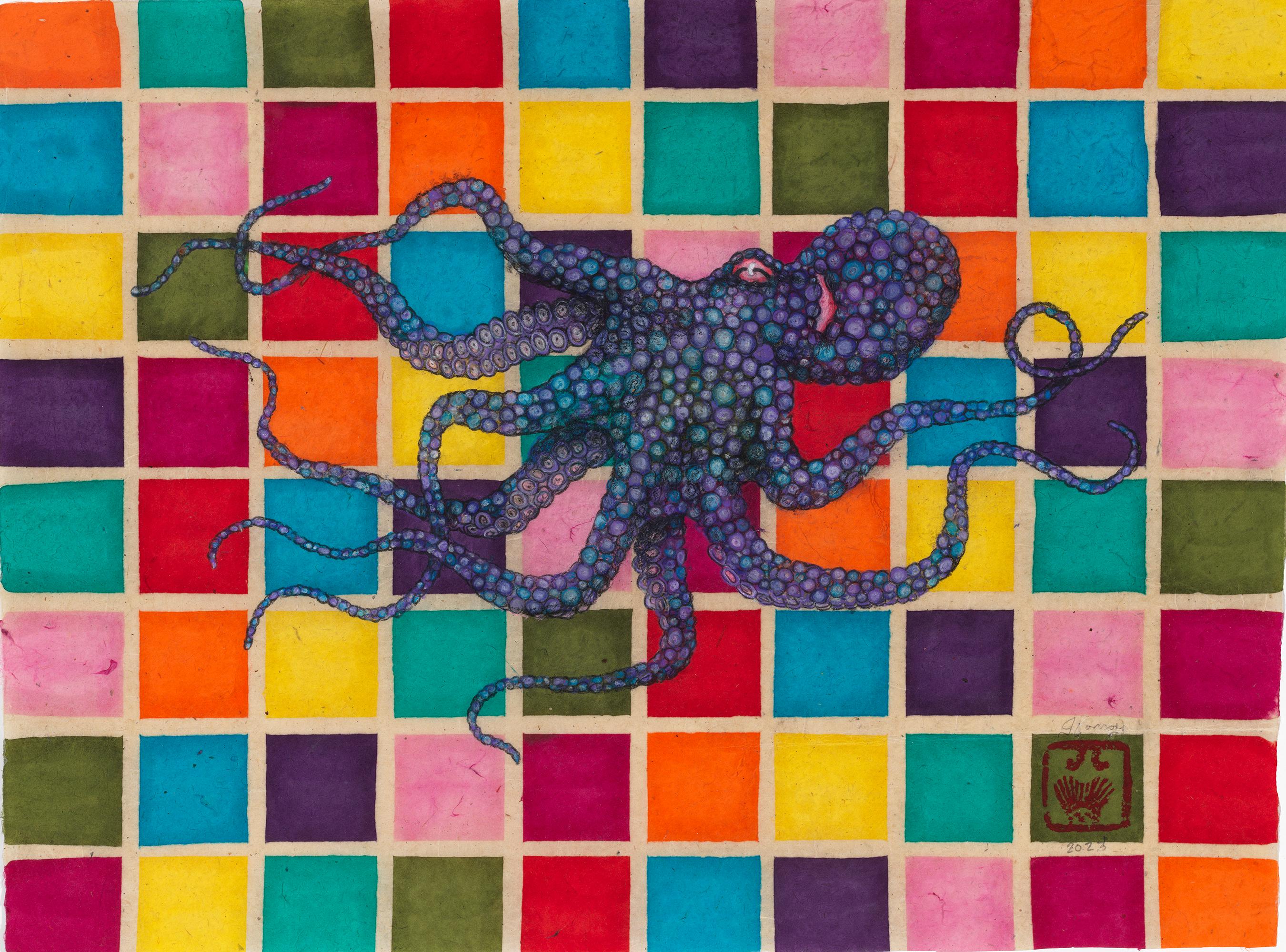 Jeff Conroy Animal Painting - Studio 54 - Grape - Gyotaku Style Sumi Ink Painting of an Octopus 