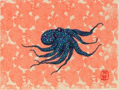 Blue Curaçao - Peinture à l'encre Sumi de style Gyotaku représentant une pieuvre 