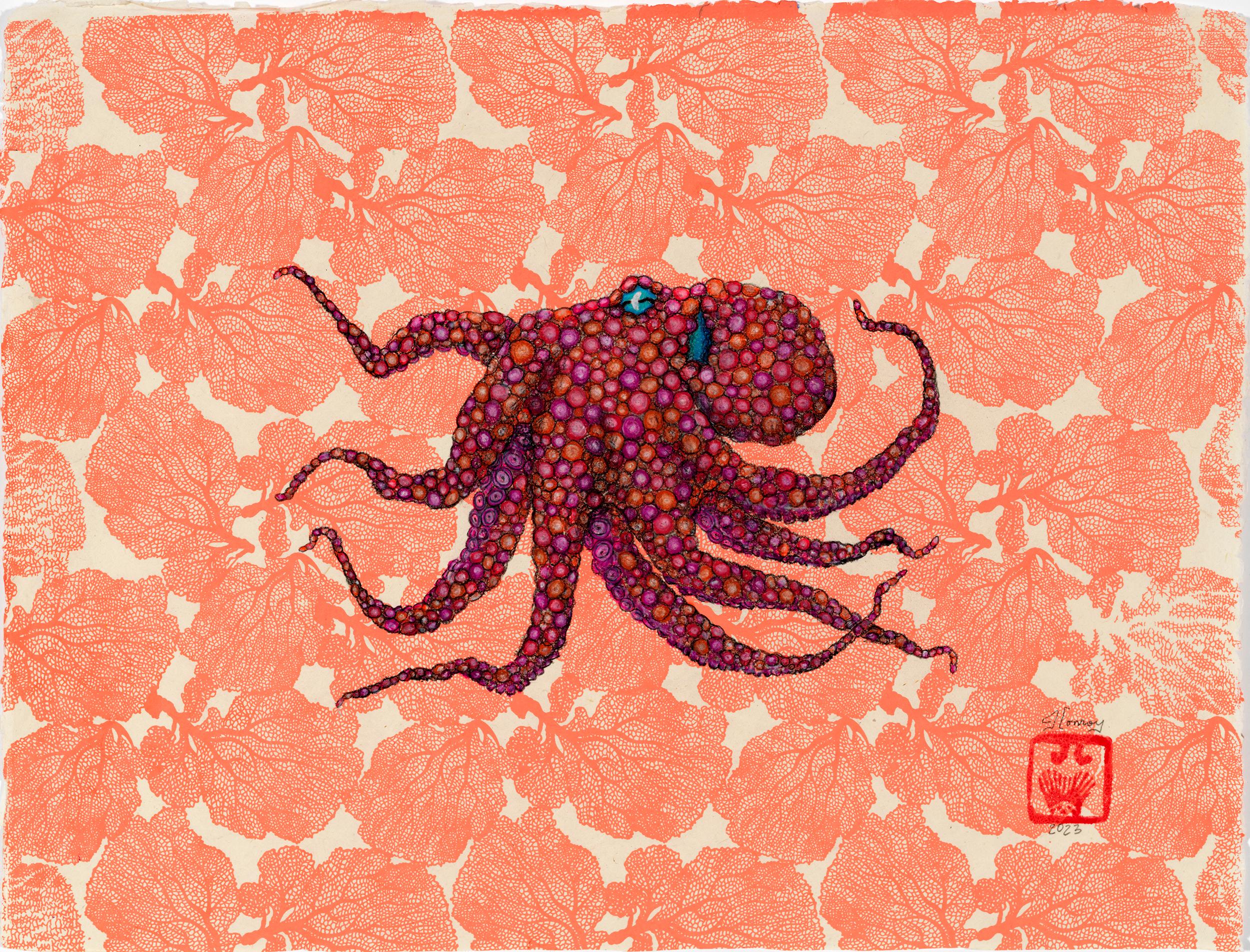 Jeff Conroy Animal Art - Rubbarb - Gyotaku Style Sumi Ink Painting of an Octopus 