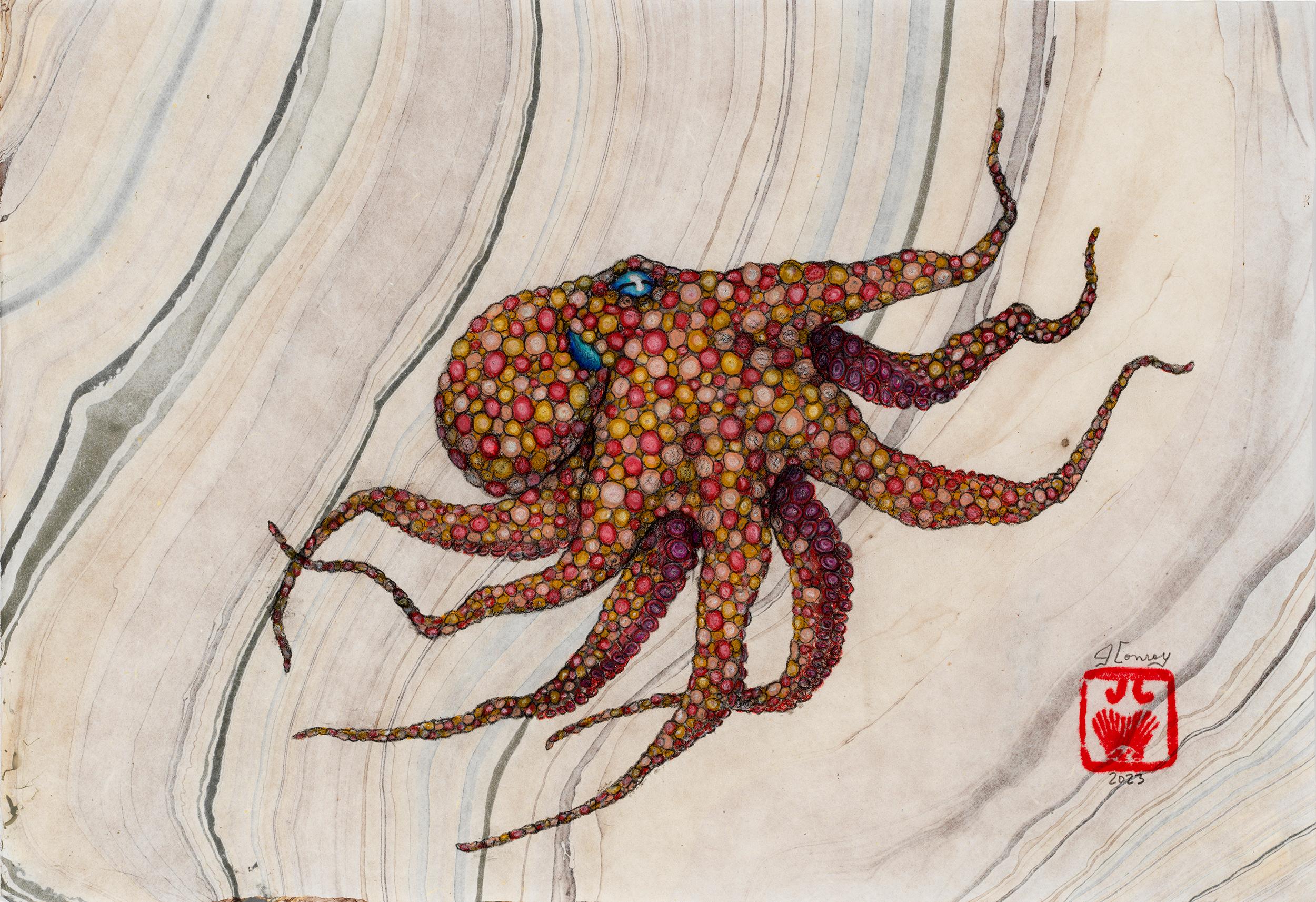 Jeff Conroy Animal Art – Malaga-Sonnenuntergang – Sumi-Tintegemälde eines Octopus im Gyotaku-Stil 