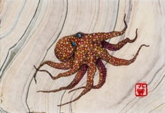 Malaga-Sonnenuntergang – Sumi-Tintegemälde eines Octopus im Gyotaku-Stil 
