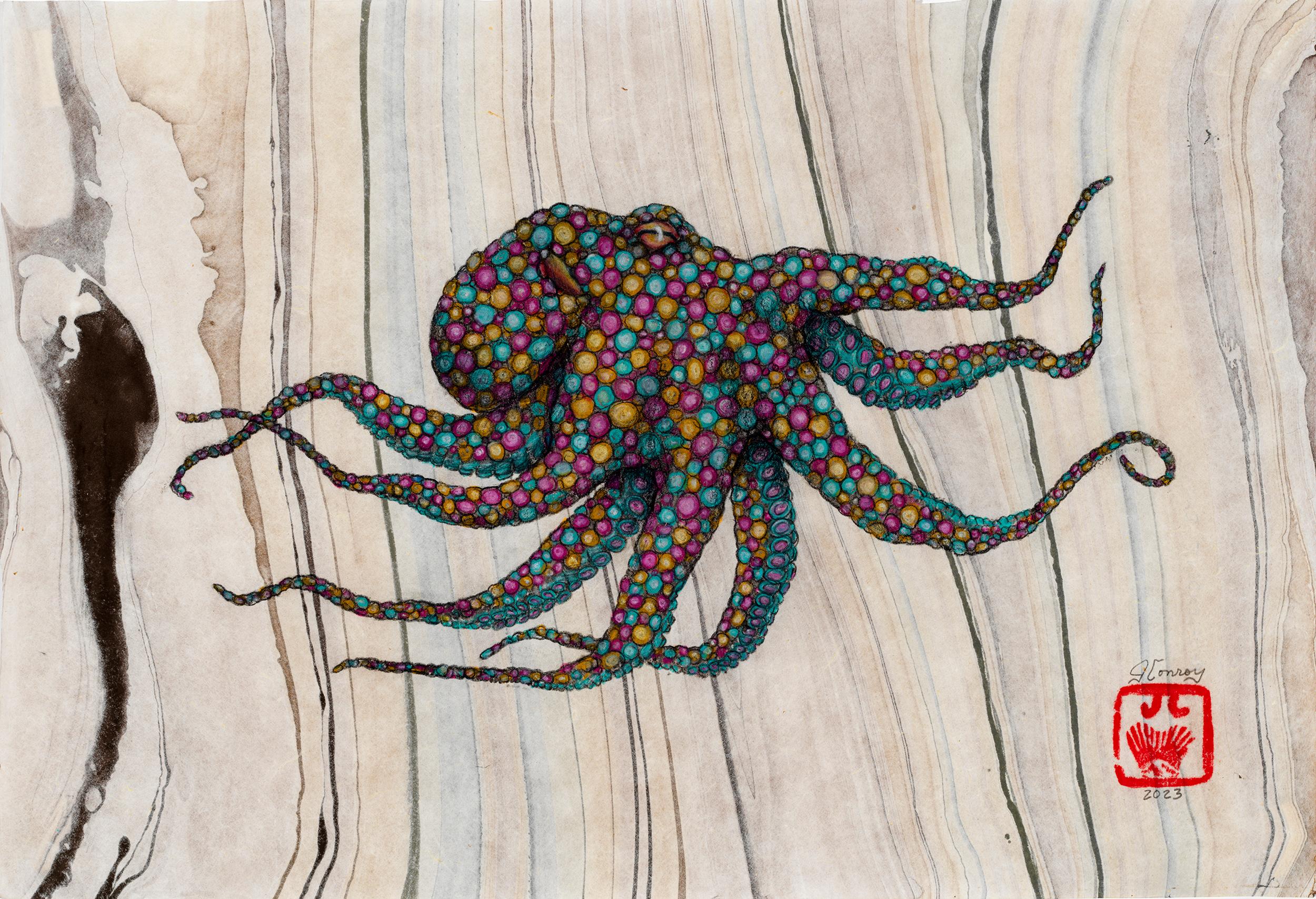 Jeff Conroy Animal Painting - Resplendent Rascal - Gyotaku Style Sumi Ink Painting of an Octopus 