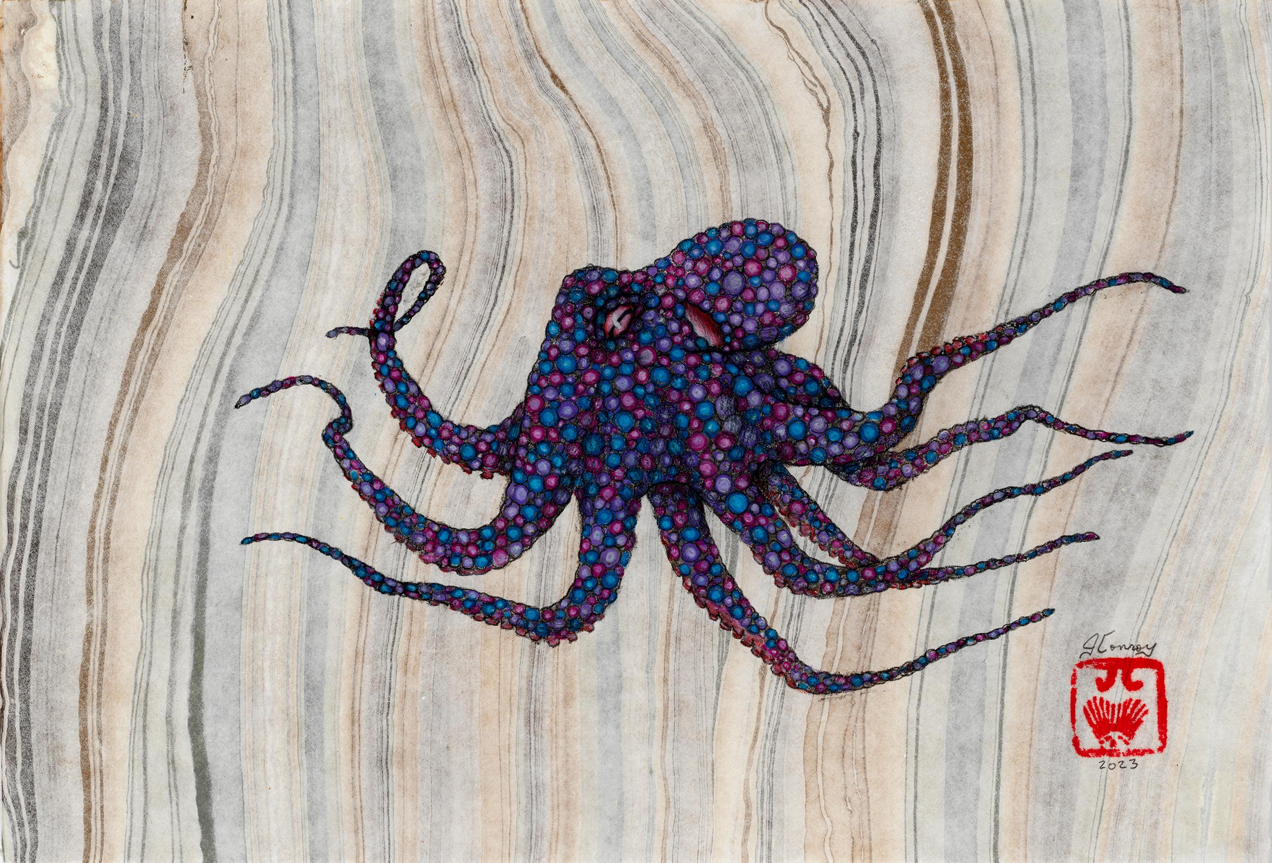 Jeff Conroy Animal Painting - Berry Cobbler - Gyotaku Style Sumi Ink Painting of an Octopus 