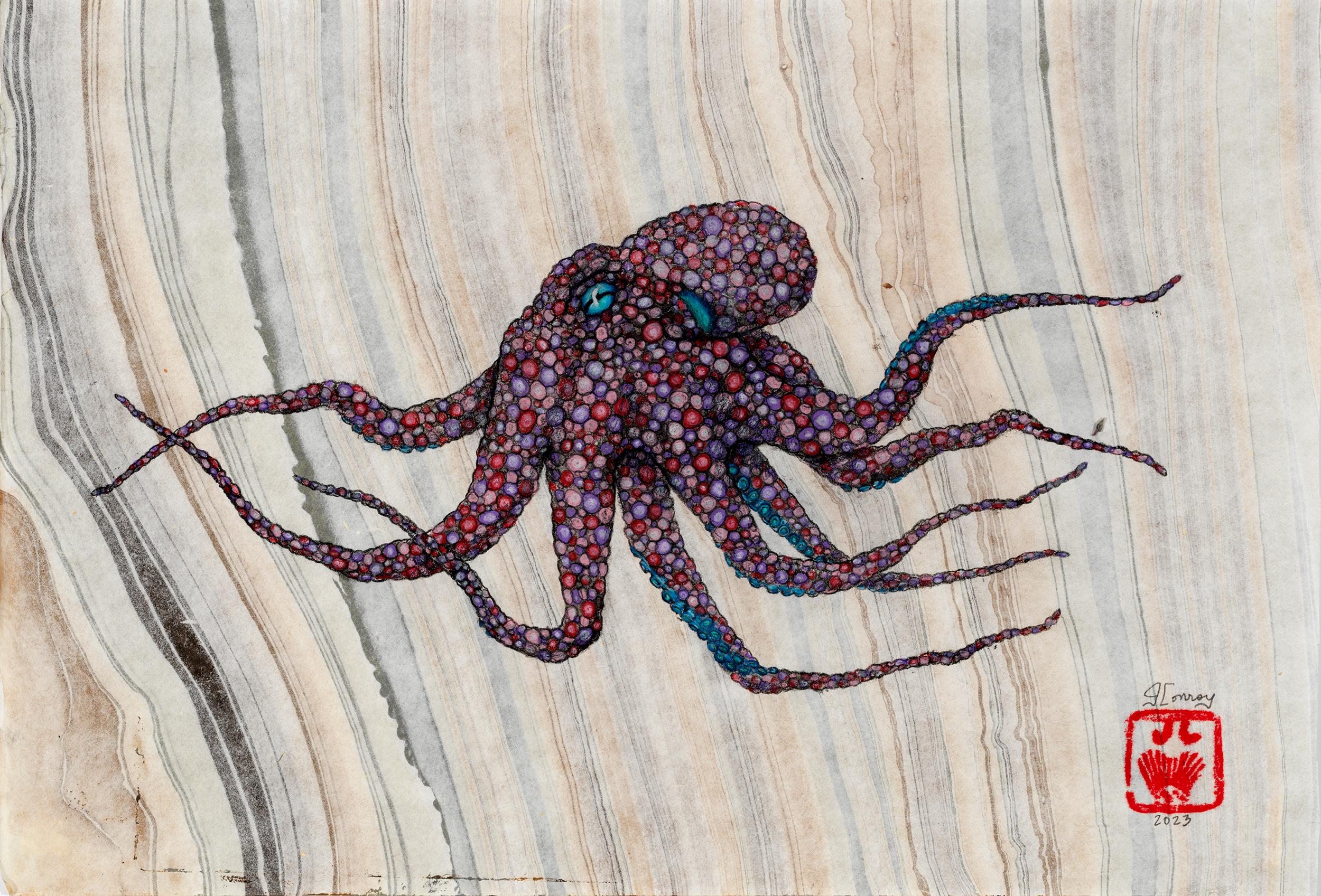Jeff Conroy Animal Art - Red Moon Rising - Gyotaku Style Sumi Ink Painting of an Octopus 