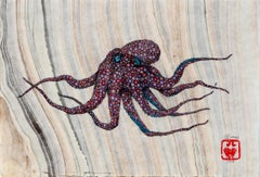 La montée de la lune rouge - peinture à l'encre Sumi de style Gyotaku représentant un octopus 