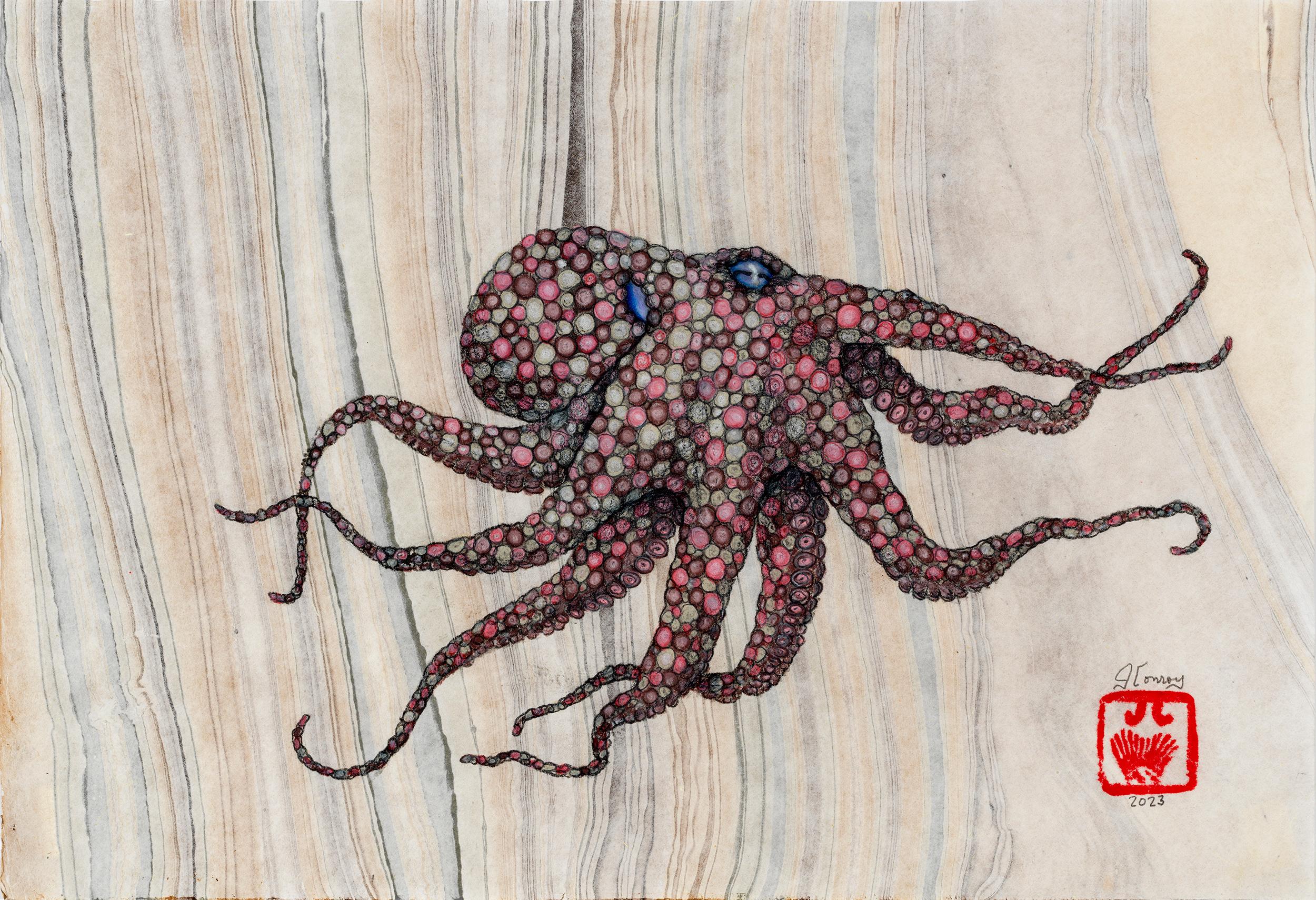 Jeff Conroy Animal Painting - Neapolitan - Gyotaku Style Sumi Ink Painting of an Octopus on Mulberry Paper