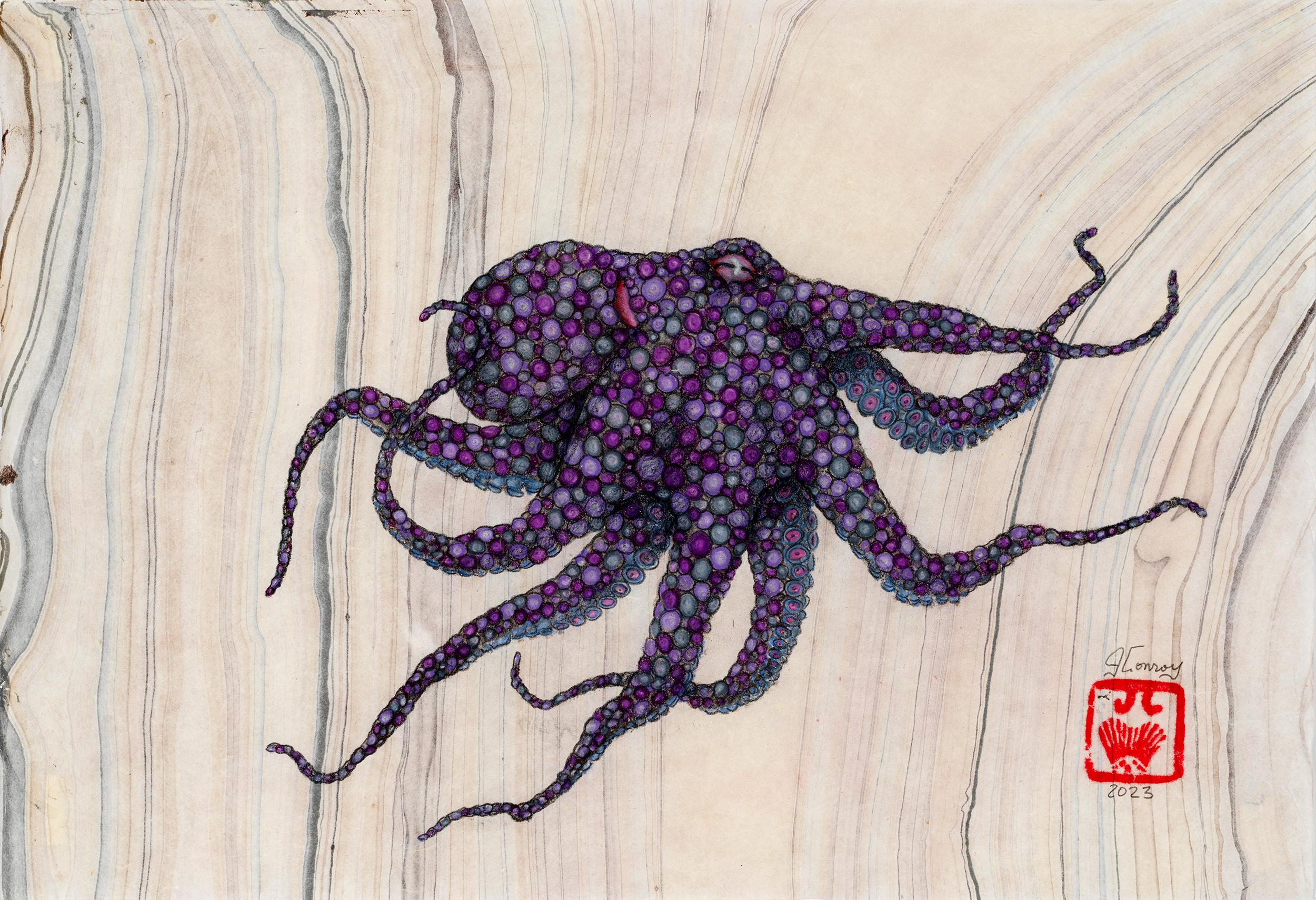 Pinot Noir - Gyotaku Style Sumi Ink Painting of an Octopus on Mulberry Paper