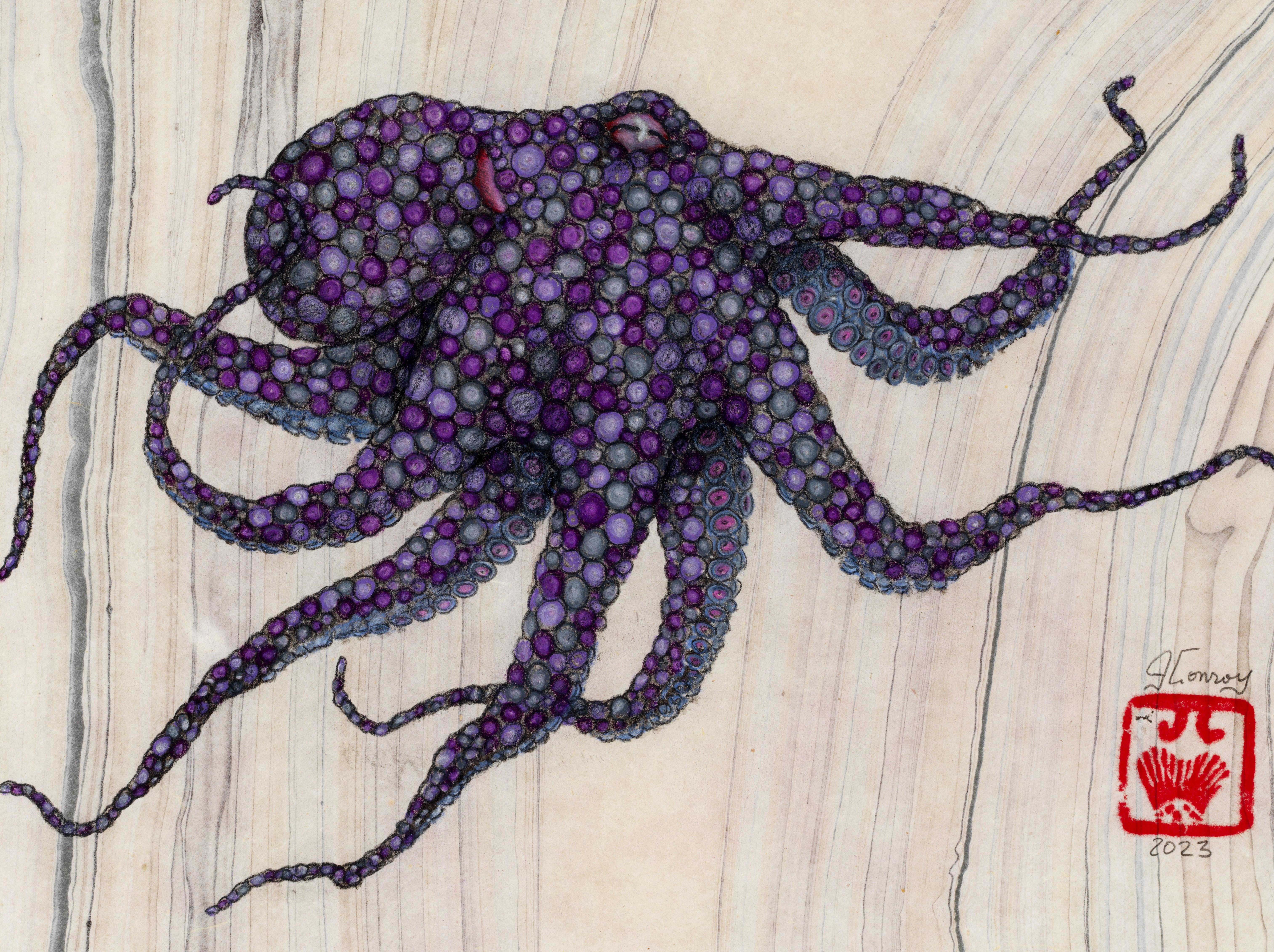 Pinot Noir - Gyotaku Style Sumi Ink Painting of an Octopus on Mulberry Paper - Beige Animal Painting by Jeff Conroy