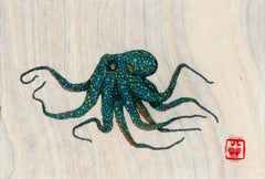 Juniper, style Gyotaku, peinture à l'encre Sumi d'un pieuvre sur papier Mulberry