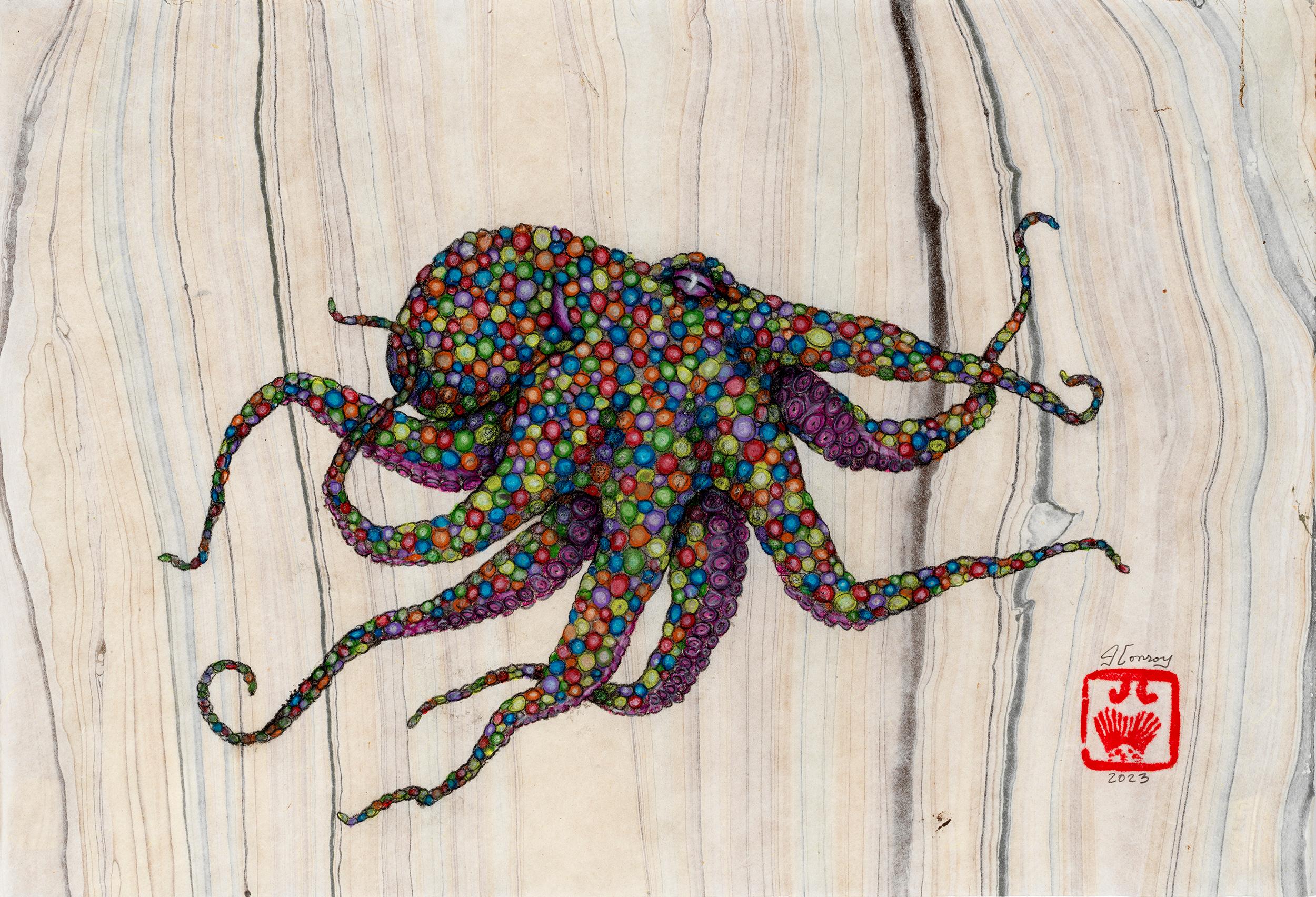 Jeff Conroy Animal Painting - Silly Rabbit, Trix are for Kids - Gyotaku Style Sumi Ink Painting of an Octopus 