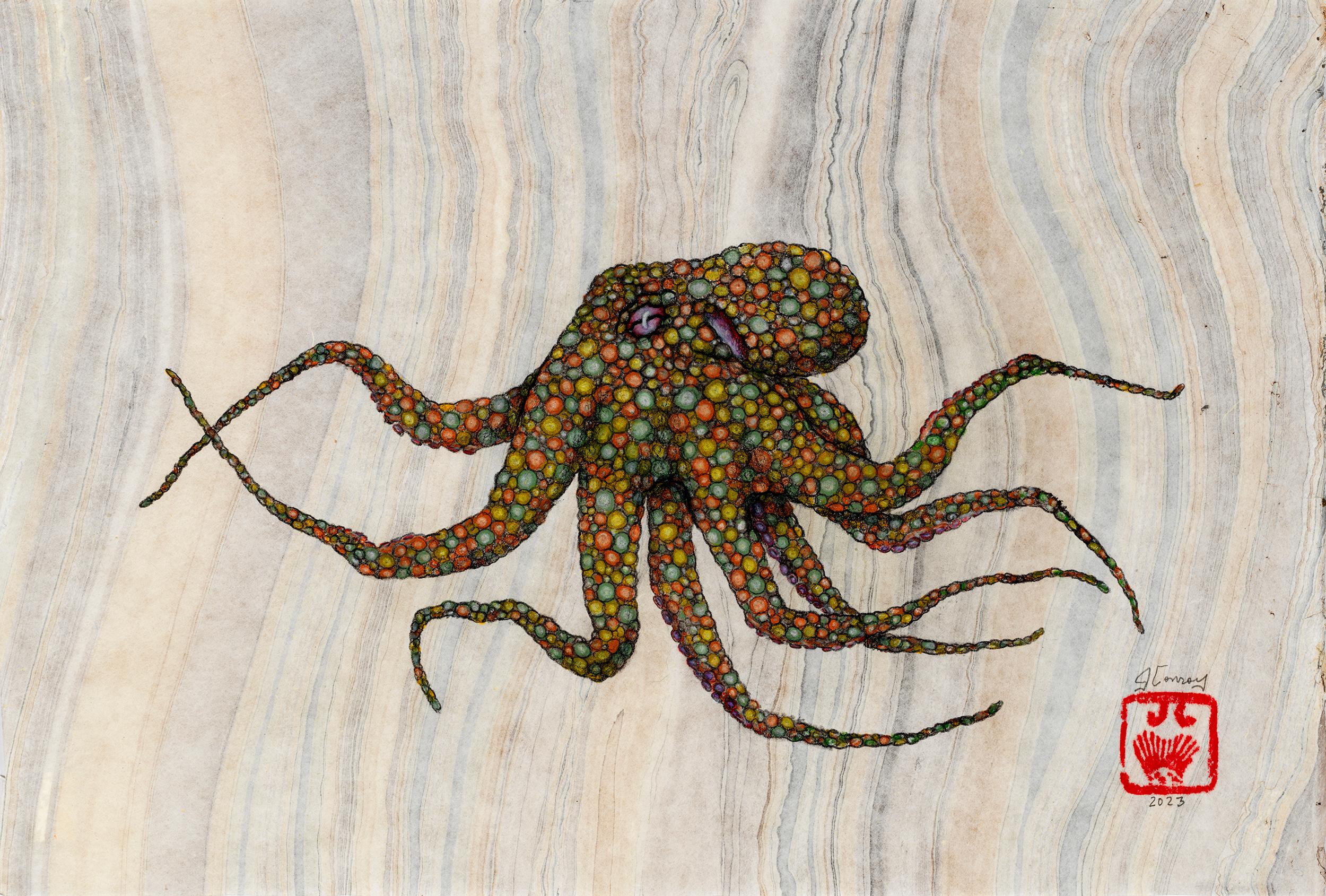 Jeff Conroy Animal Painting - 70's Kitchen - Gyotaku Style Sumi Ink Painting of an Octopus on Mulberry Paper