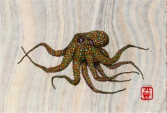 Cuisine des années 70 - Gyotaku Peinture à l'encre Sumi d'une pieuvre sur papier Mulberry