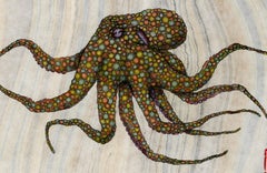 Cucina anni '70 - Pittura a inchiostro Sumi in stile Gyotaku di un polpo su carta di gelso