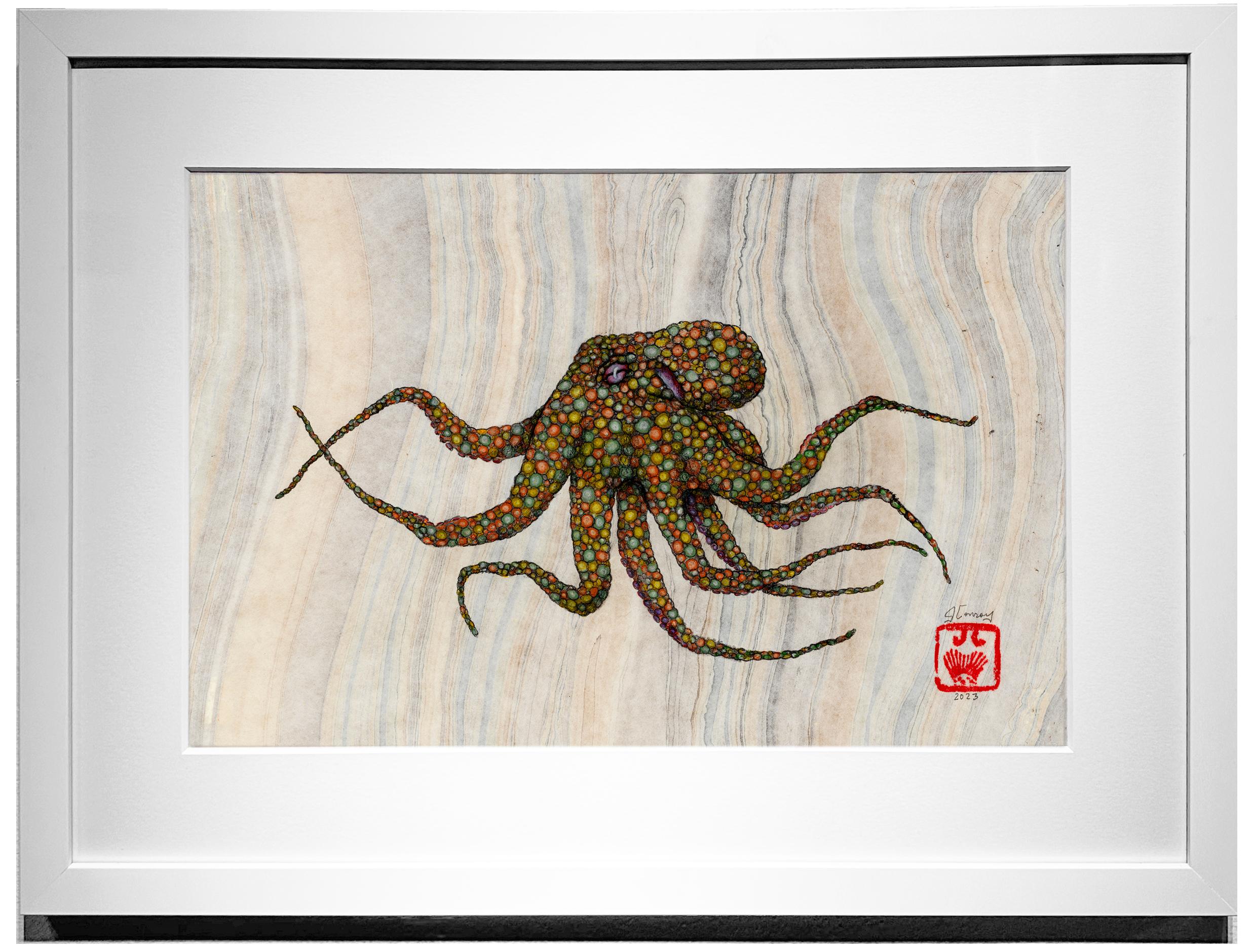 Animal Painting de Jeff Conroy - Cocina de los 70 - Pintura en tinta sumi estilo gyotaku de un pulpo sobre papel de morera