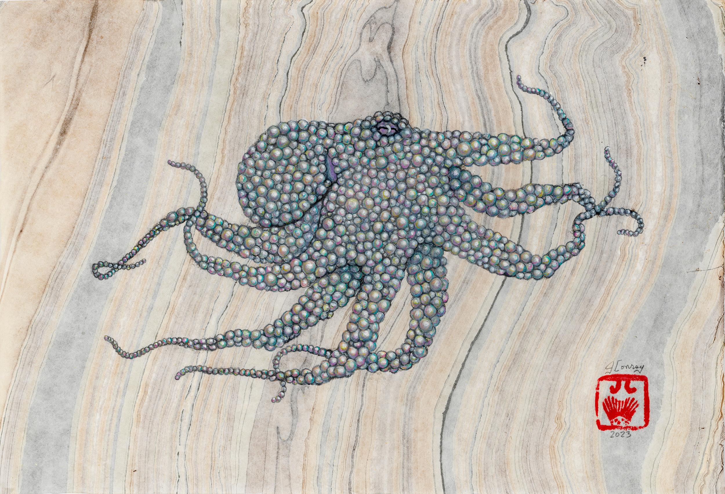 Jeff Conroy Animal Painting – Perlenschnur - Gyotaku-Stil Sumi-Tintenmalerei eines Oktopus, Mulberry Papier