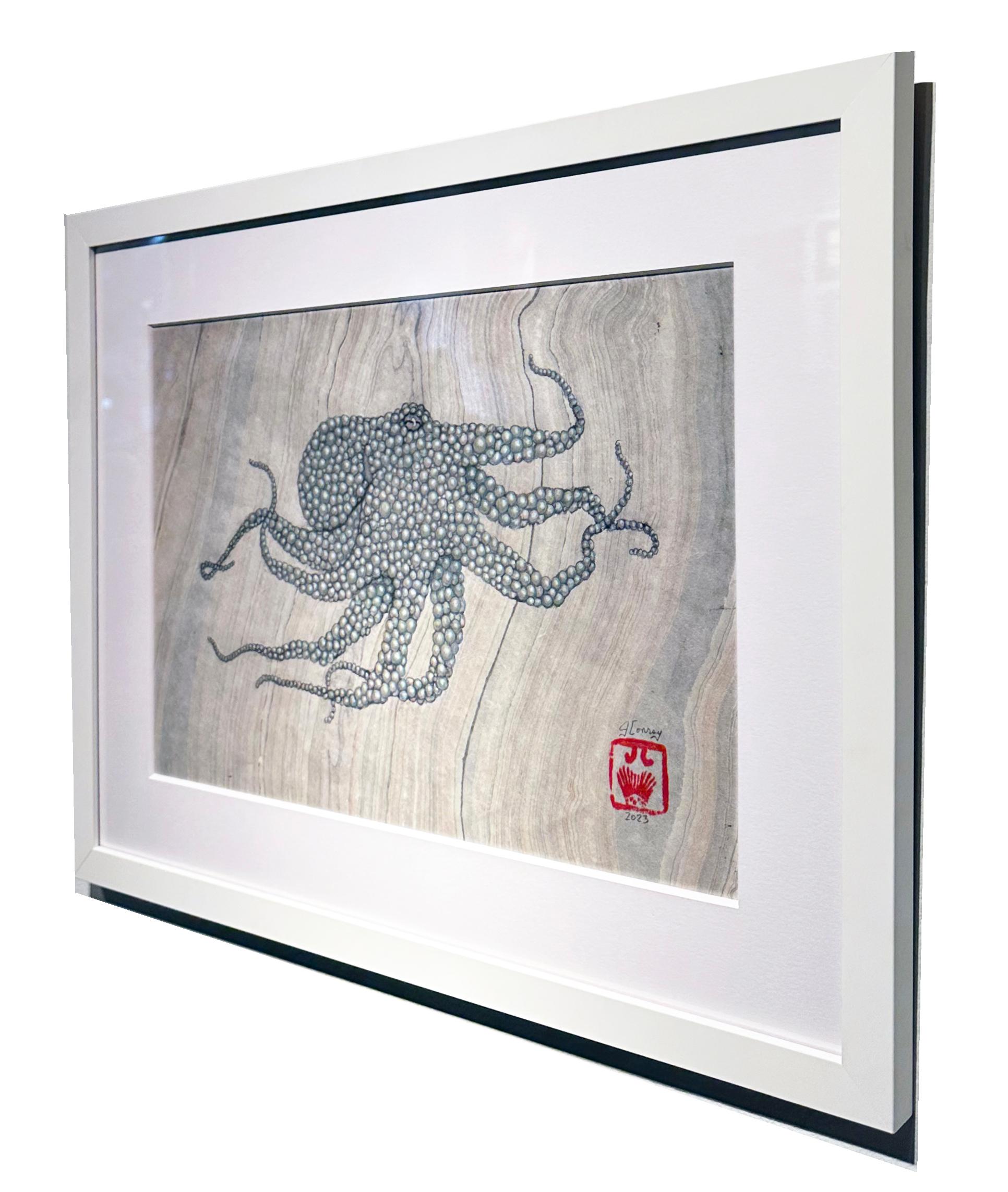 Peinture à l'encre Sumi de style Gyotaku représentant un octope, encadrée - Gris Animal Painting par Jeff Conroy
