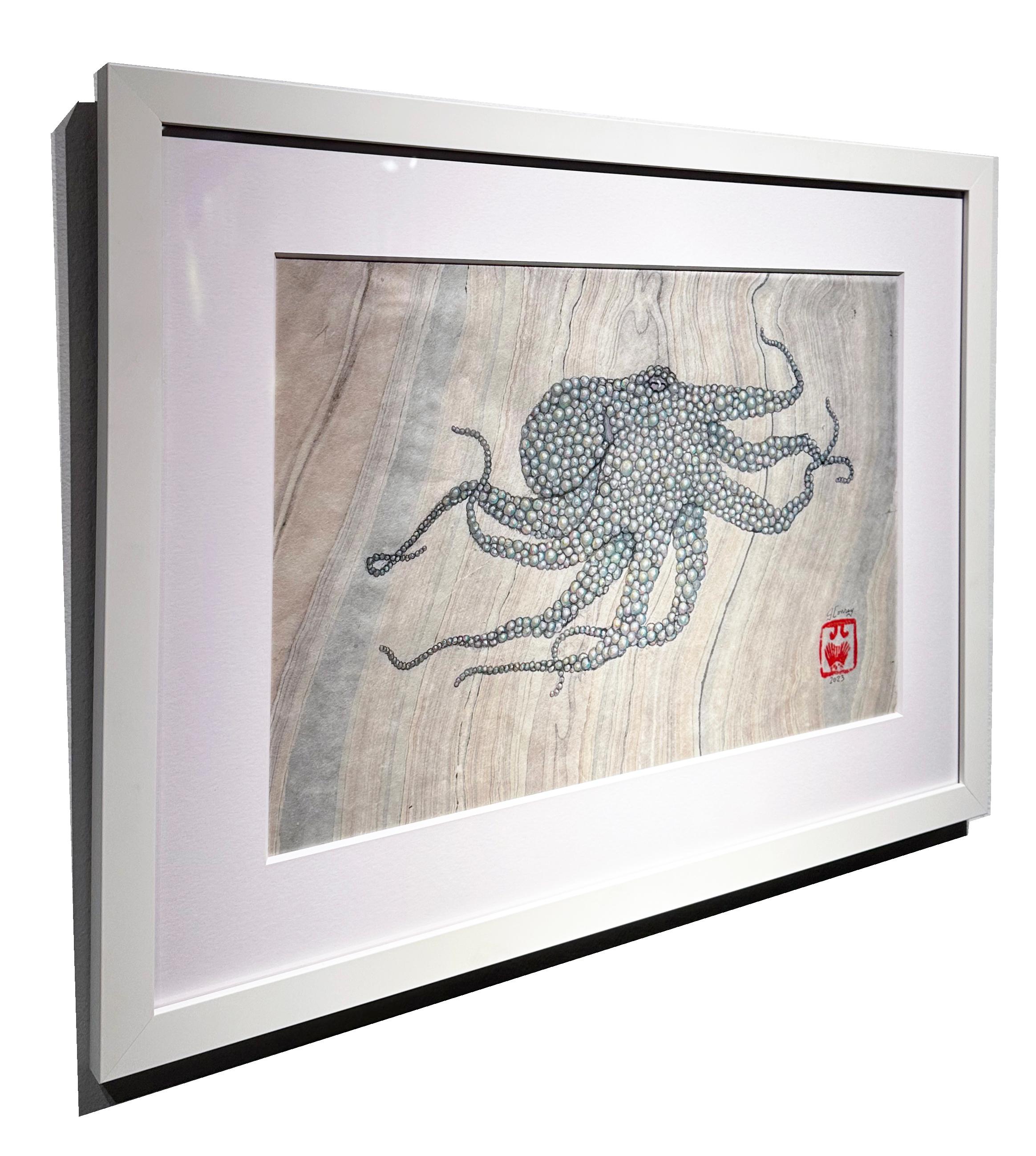 Peinture à l'encre Sumi de style Gyotaku représentant un octope, encadrée - Painting de Jeff Conroy