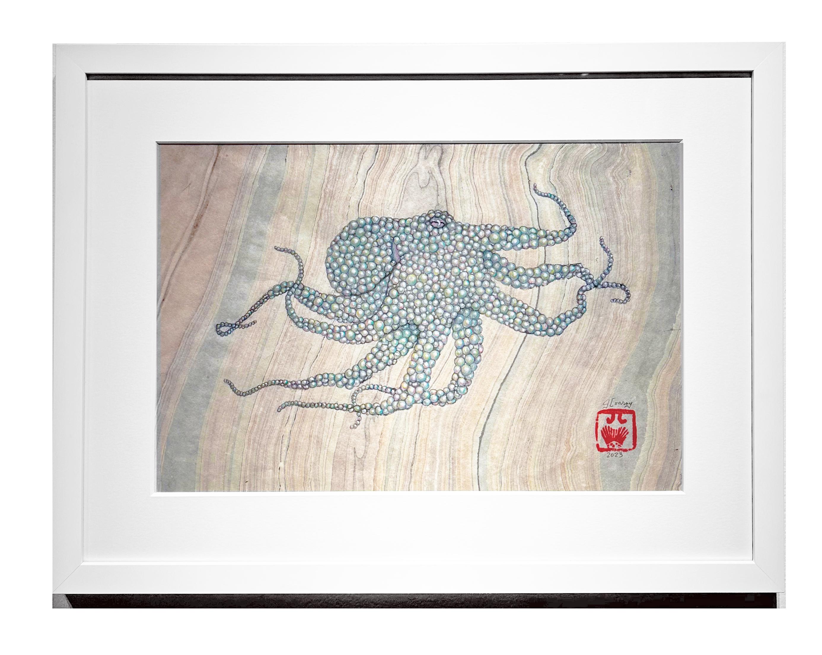 Peinture à l'encre Sumi de style Gyotaku représentant un octope, encadrée - Contemporain Painting par Jeff Conroy