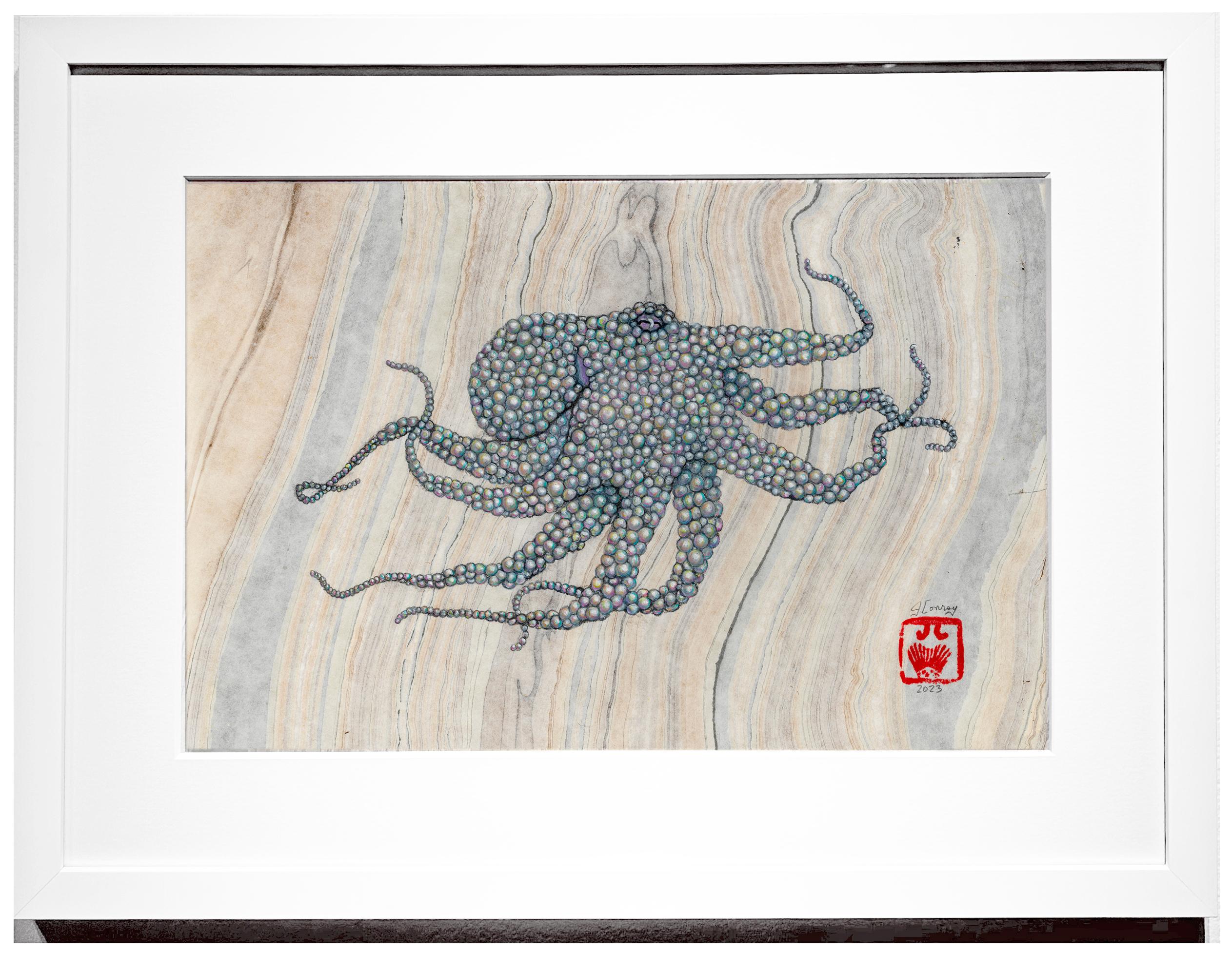 String of Pearls - Gyotaku Style Sumi Ink Painting of an Octopus, Framed